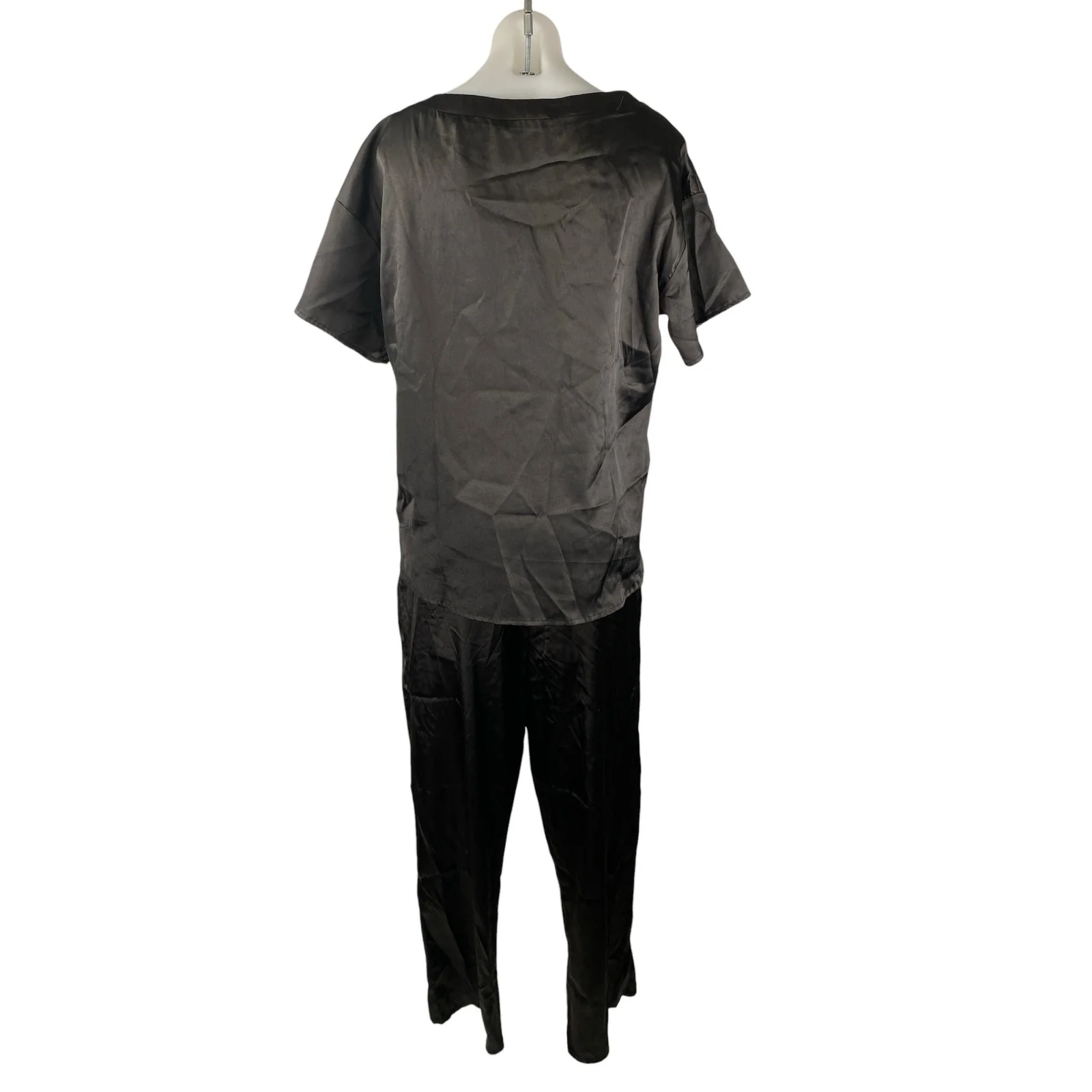 Ekouaer Women's Black Silky Satin Short Sleeve Wide Leg Loungewear Pajama Set M - Image 2