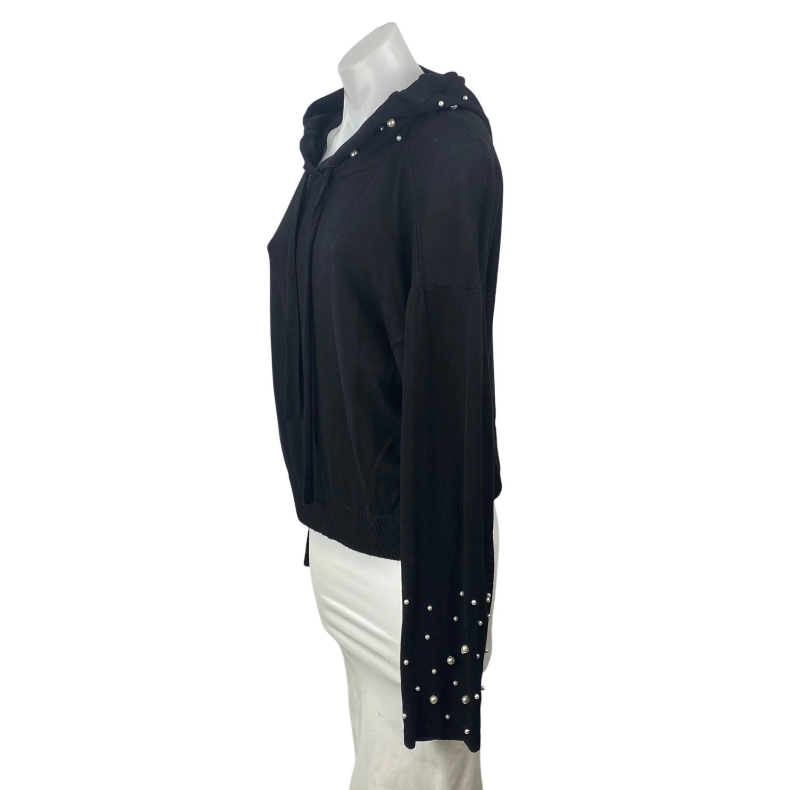 Elan Women's Black Pearl Beaded Long Sleeve Hoodie Hooded Sweatshirt Top SIze M - Image 3