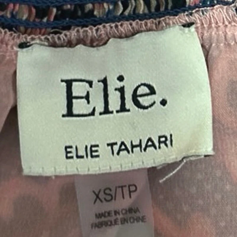 Elie Tahari Orange Blue Floral Dots Turtleneck Smocked Ruffle Blouse Top Size XS - Image 4