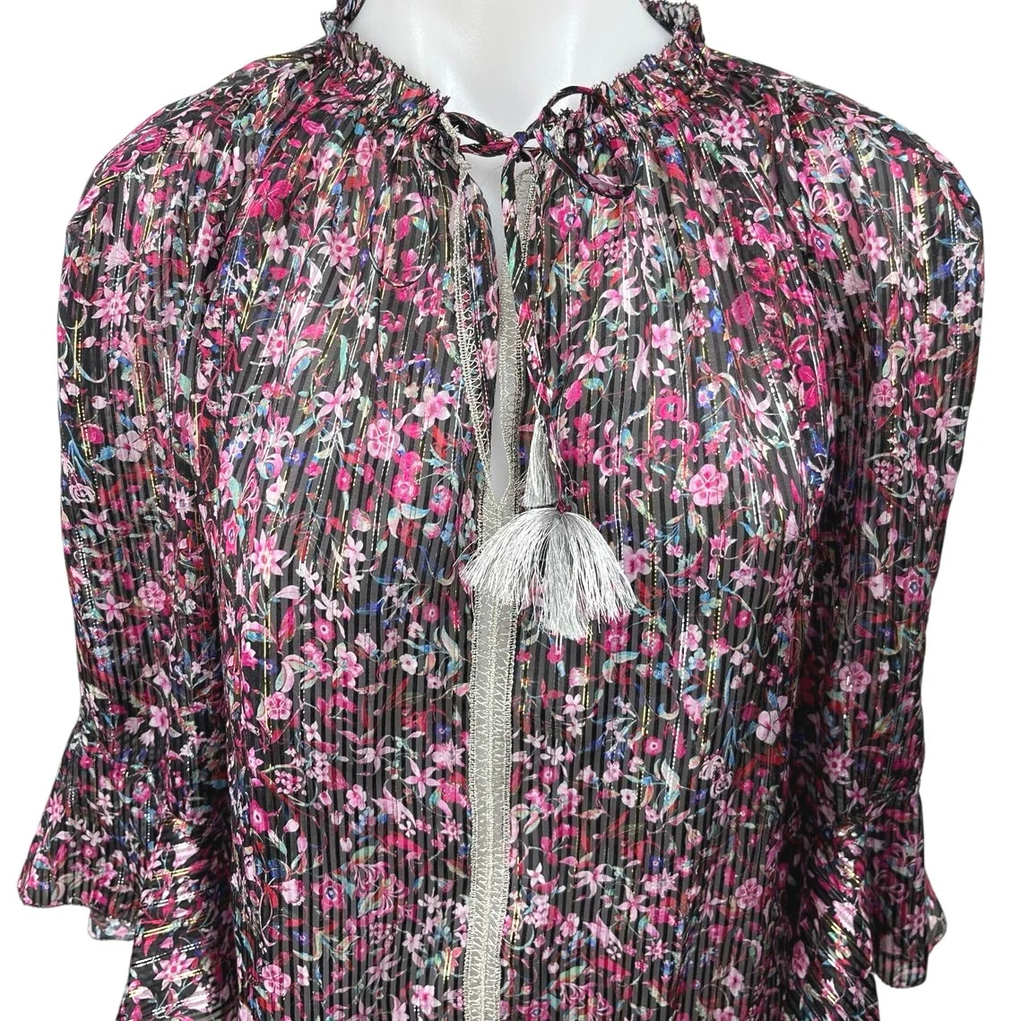 Elie Tahari Venisia Multicolor Silk Metallic Floral Pleated Plisse Blouse Top XS - Image 3