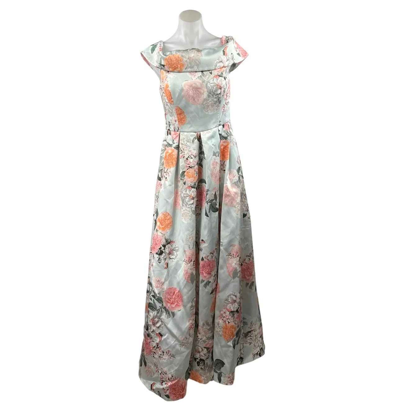 Eliza J Green Floral Silk Satin Off The Shoulder Evening A Line Maxi Dress Sz M