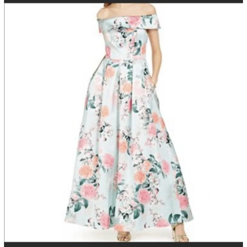 Eliza J Green Floral Silk Satin Off The Shoulder Evening A Line Maxi Dress Sz M - Image 4
