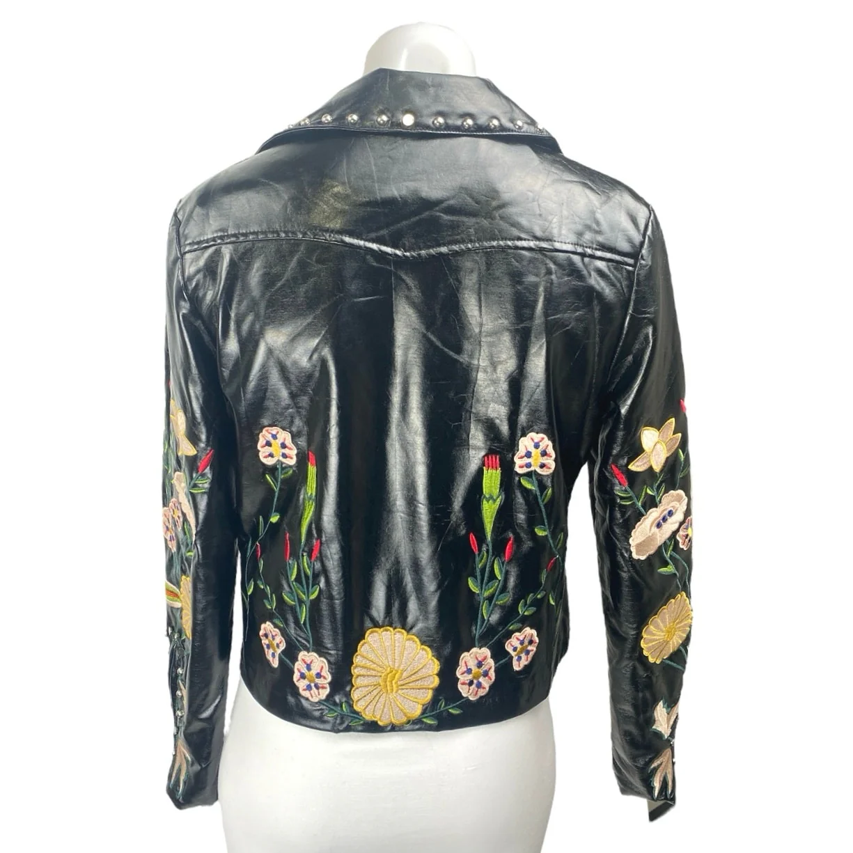 Elli White Black Faux Leather Floral Embroidered Studded Moto Biker Jacket Sz S - Image 3