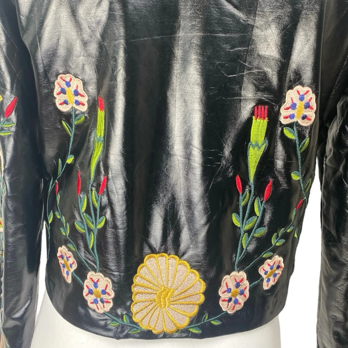 Elli White Black Faux Leather Floral Embroidered Studded Moto Biker Jacket Sz S - Image 5