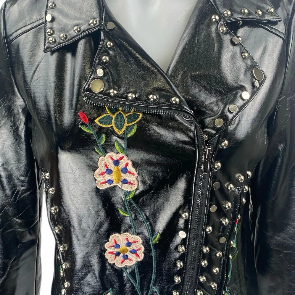 Elli White Black Faux Leather Floral Embroidered Studded Moto Biker Jacket Sz S - Image 6