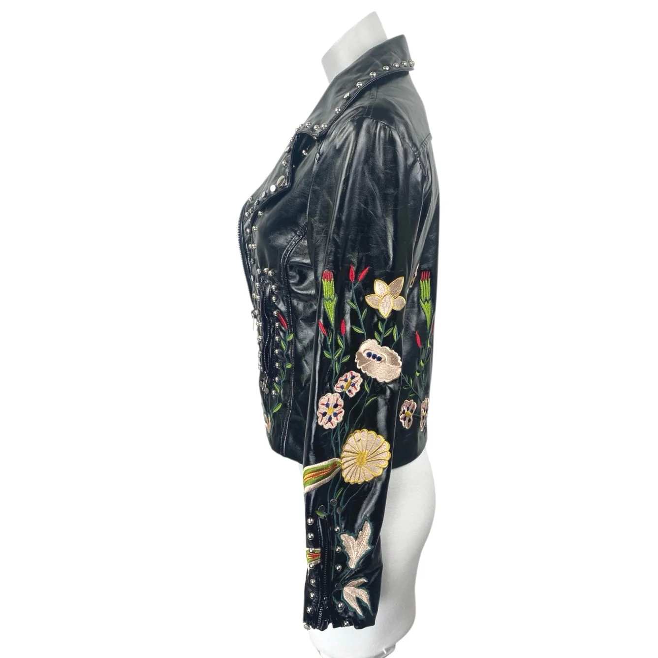Ellie White Black Patent Faux Leather Studded Floral Embroidered Moto Jacket S - Image 2