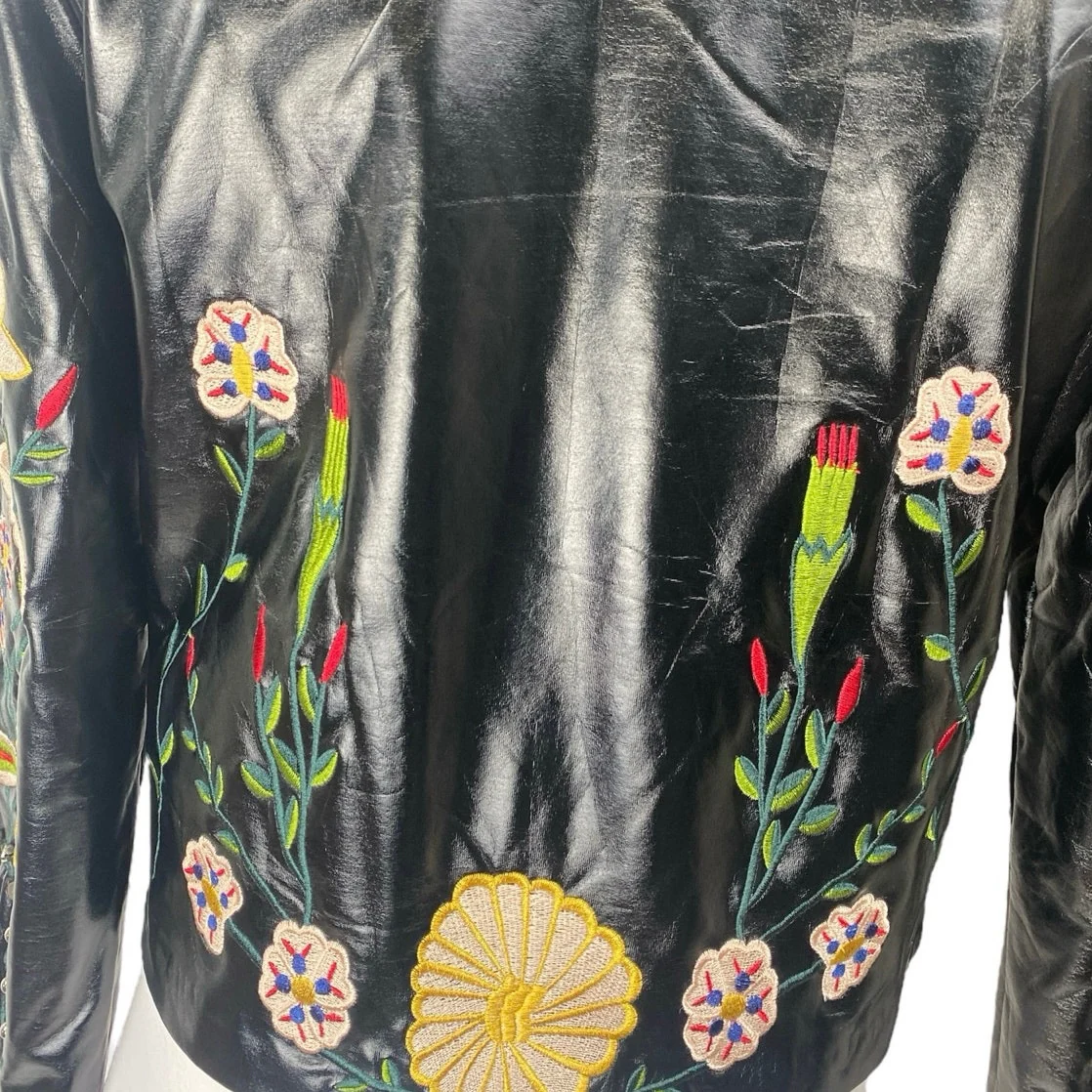Ellie White Black Patent Faux Leather Studded Floral Embroidered Moto Jacket S - Image 5