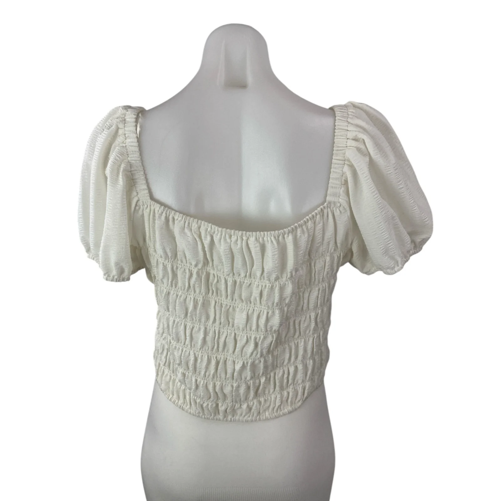 Elodie White Smocked Square Neck Short Puff Sleeve Peasant Crop Blouse Top Sz XL - Image 2