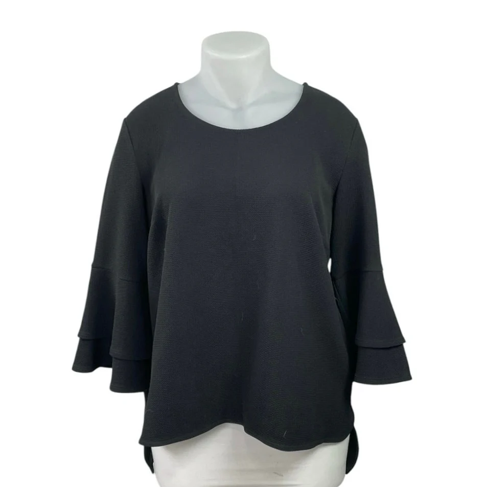 Eloquii Women's Black Crew Neck Tiered Flounce Bell Sleeve Flowy Blouse Top 16