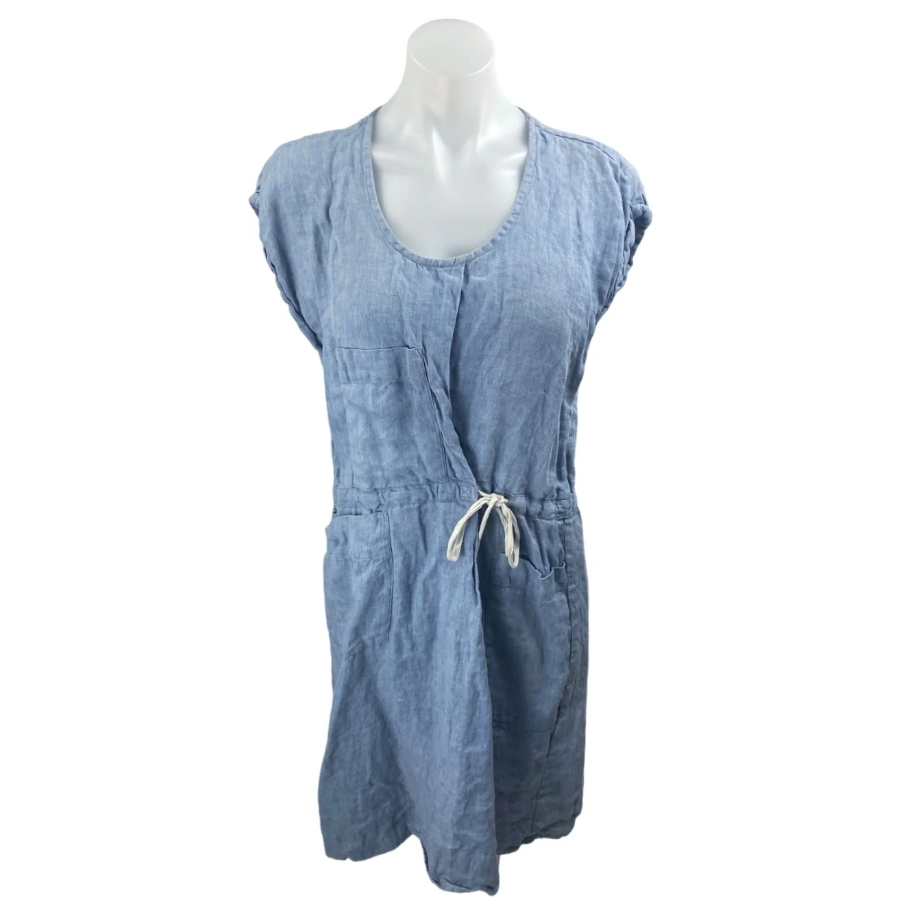 Elsa Esturgie Blue 100% Linen Short Sleeve Tie Waist Blouson Mini Shirt Dress 6