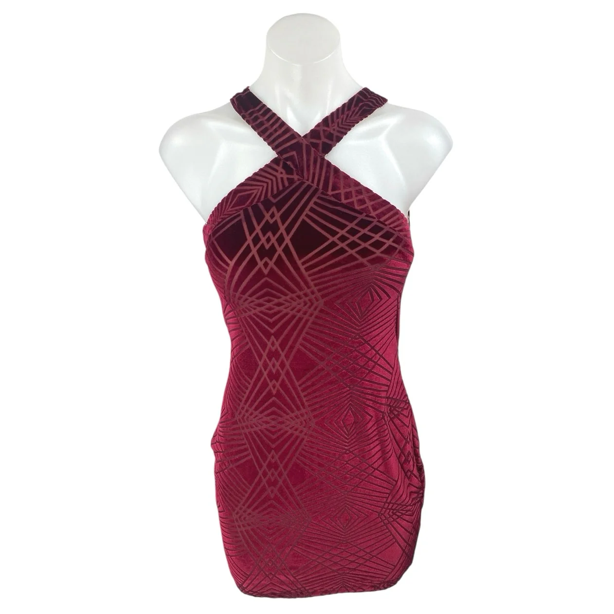 Emerald Sundae Red Velvet Velour Sleeveless Cross Mini Bodycon Dress Size S