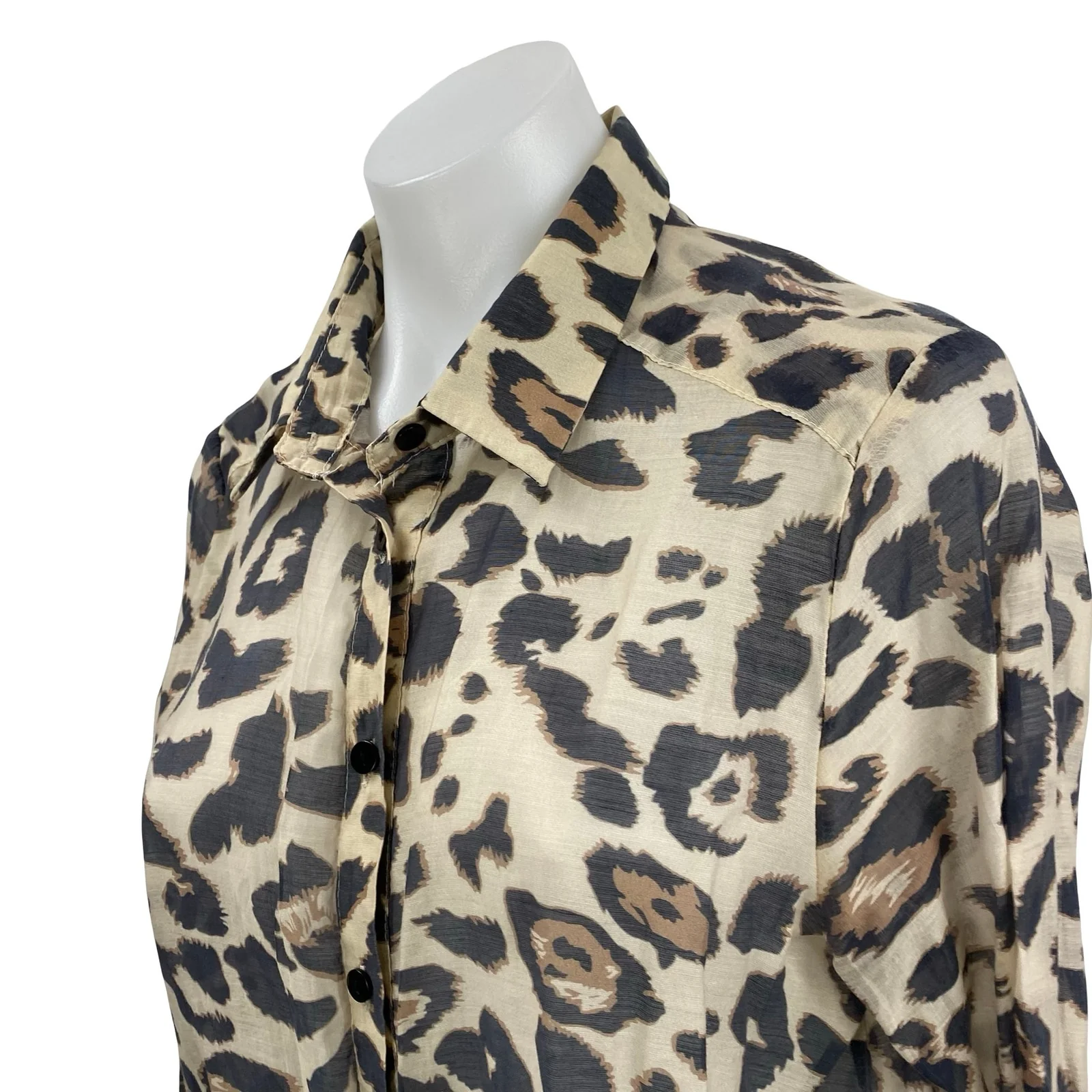 Emi-Jo Women's Leopard Print Collared Long Sleeve Button Down Shirt Blouse Top M - Image 3