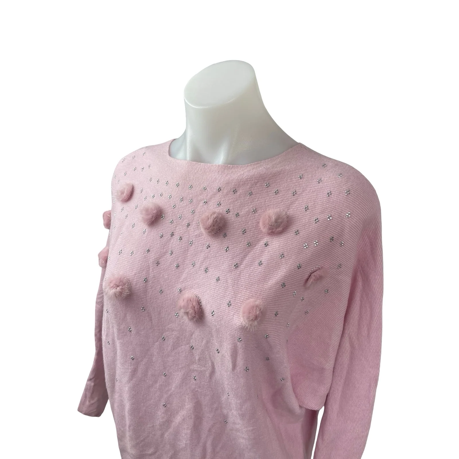 Emily Stacy Women's Pink Pompom Rhinestone Long Sleeve Sweatshirt Sweater Top M - Image 4
