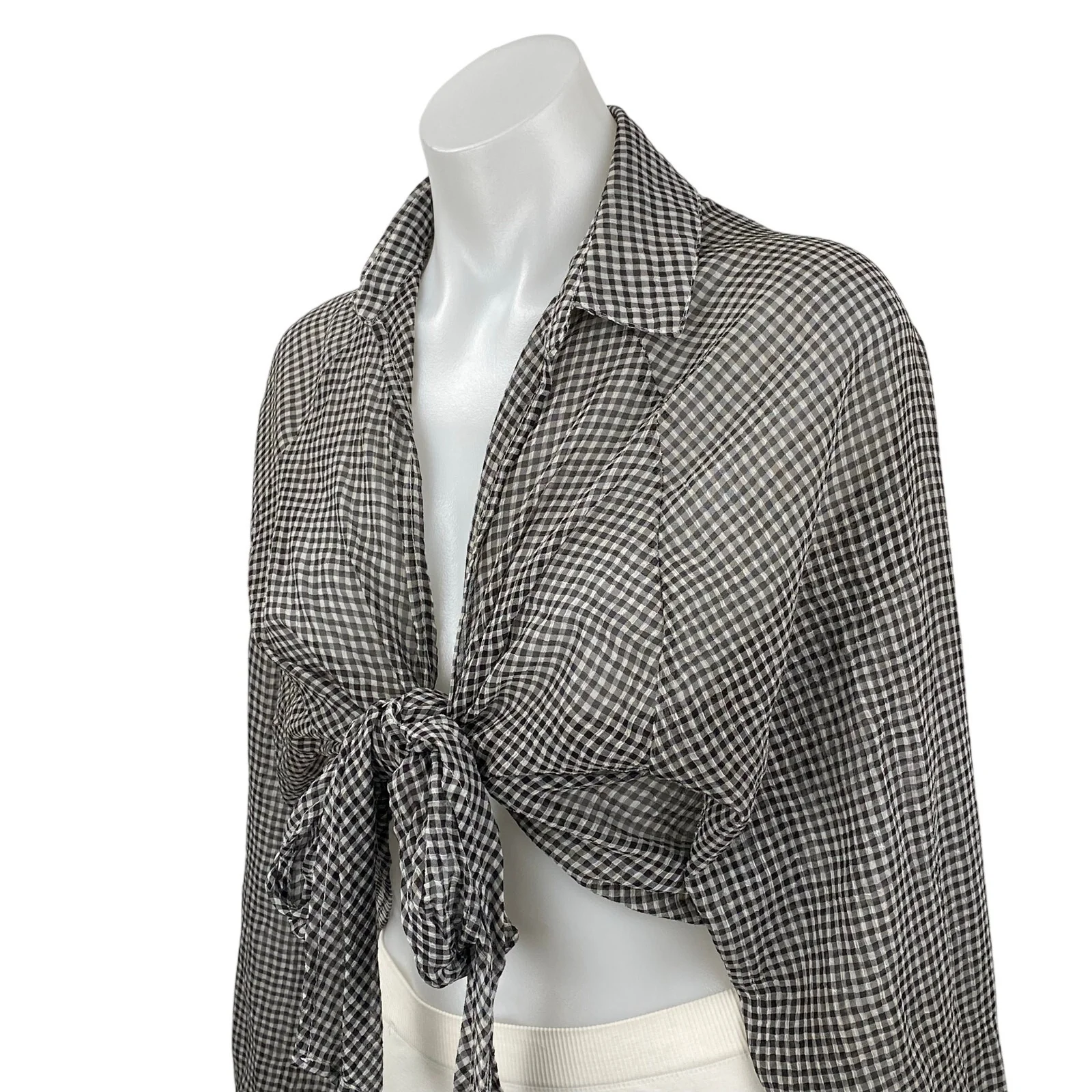 Emory Park Black Gingham Check Long Sleeve Tie Cropped Blouse Shirt Top Size M - Image 2