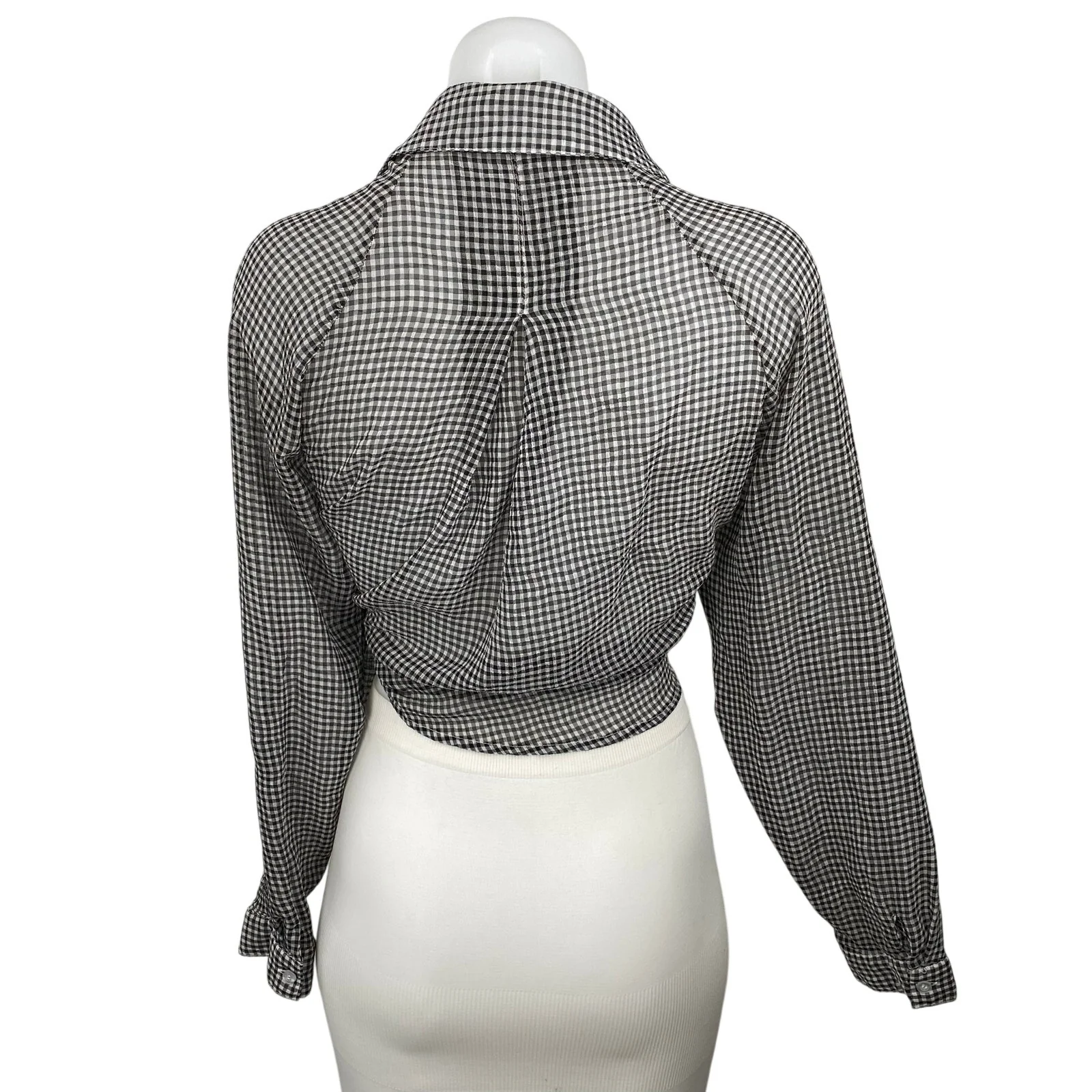 Emory Park Black Gingham Check Long Sleeve Tie Cropped Blouse Shirt Top Size M - Image 4