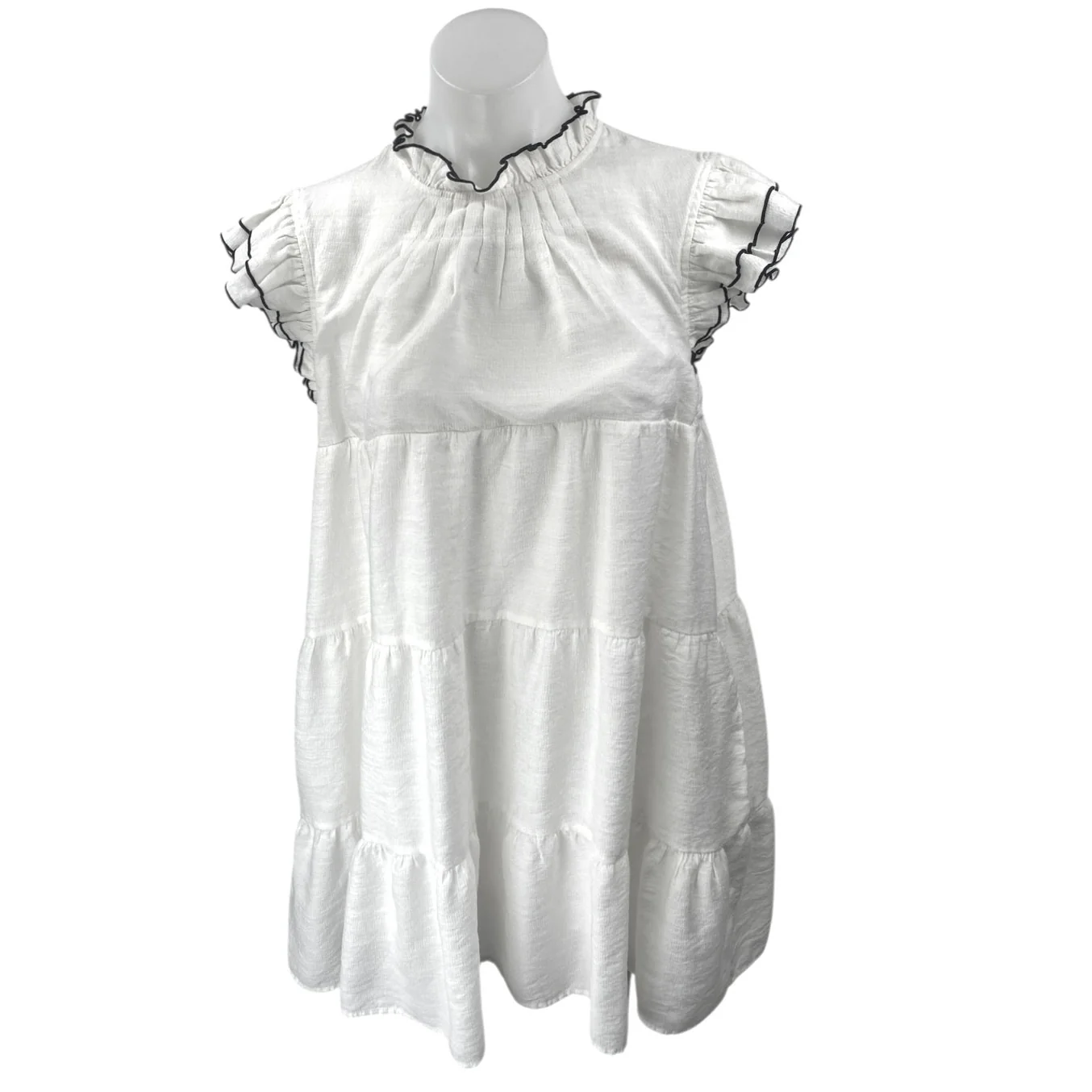 English Factory White Short Ruffle Flutter Sleeve Tiered Mini Babydoll Dress L