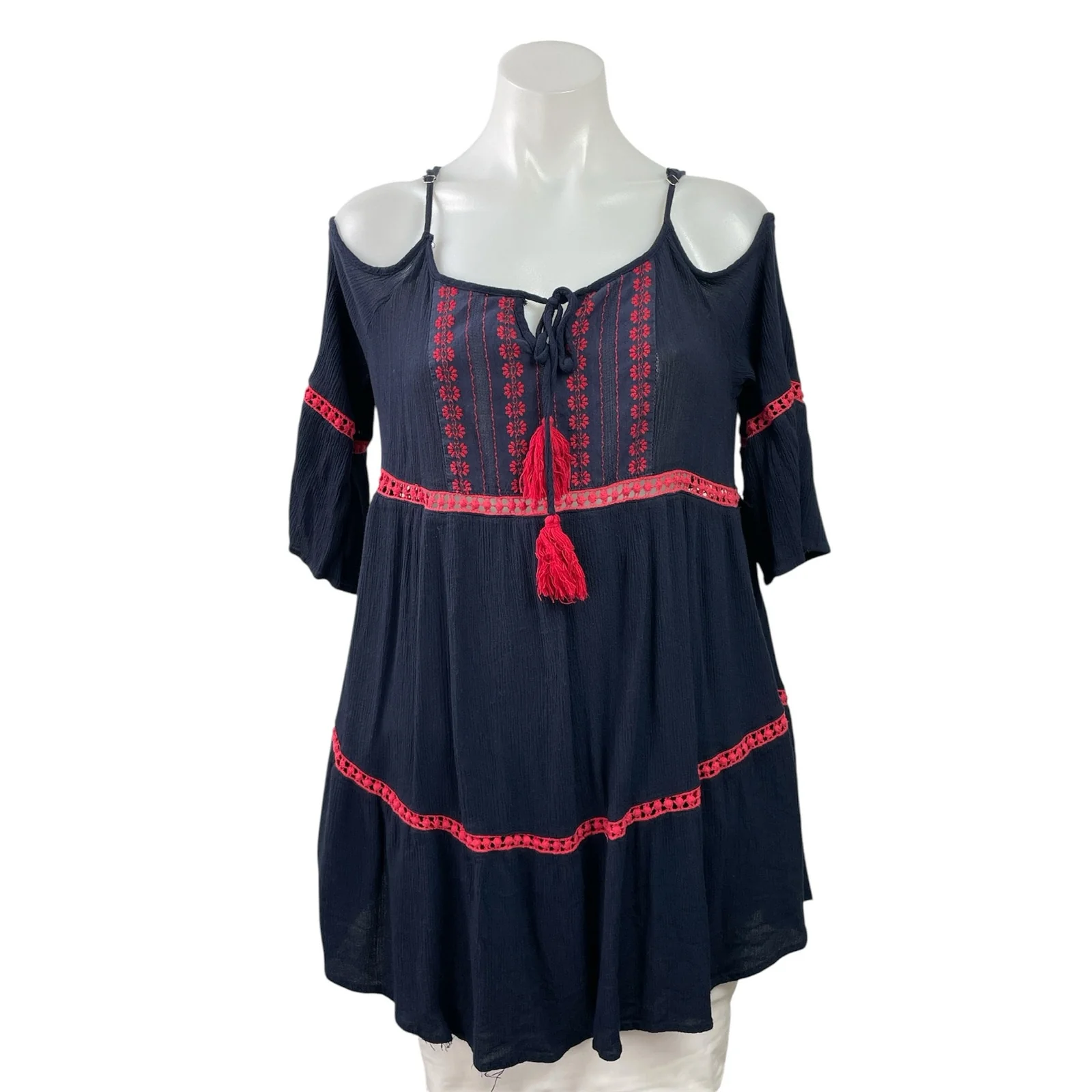 Entro Navy Blue Red Tassel Cold Shoulder Lace Boho A Line Mini Dress Size M