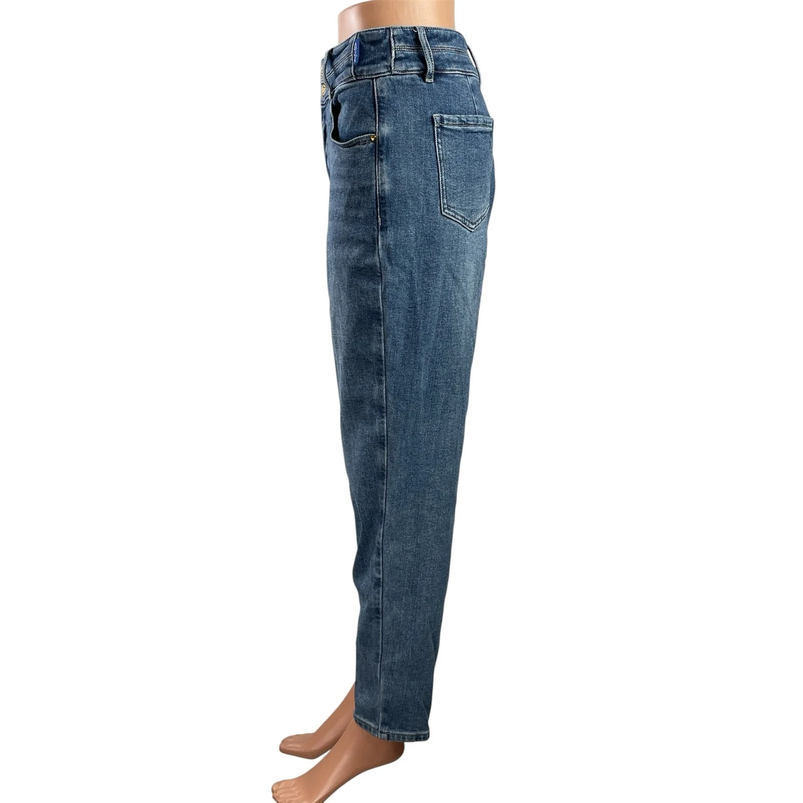 Erfini Womens Blue Medium Wash High Waisted Tapered Leg Denim Jeans Pants Size L - Image 2