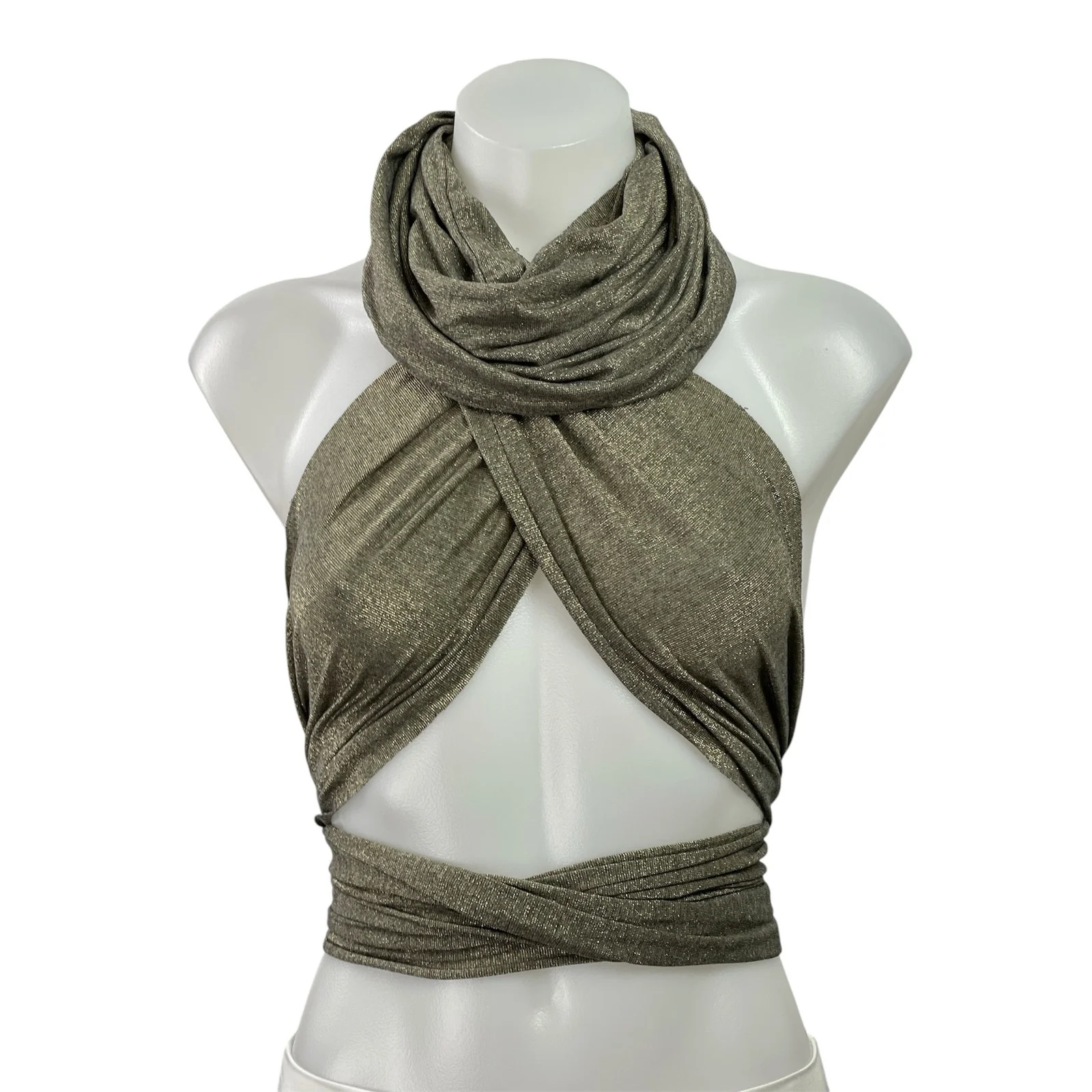 EROS Womens Brown Metallic Halter Cowl Neck Tie Back Crop Fashion Wrap Top Sz XS