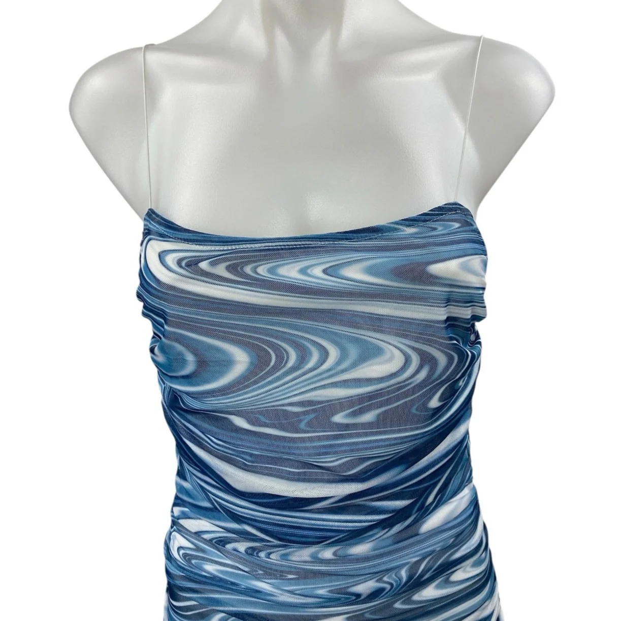 Et Clet Blue Swirl Marble Print Sleeveless Strapless Mini Tube Bodycon Dress S - Image 3