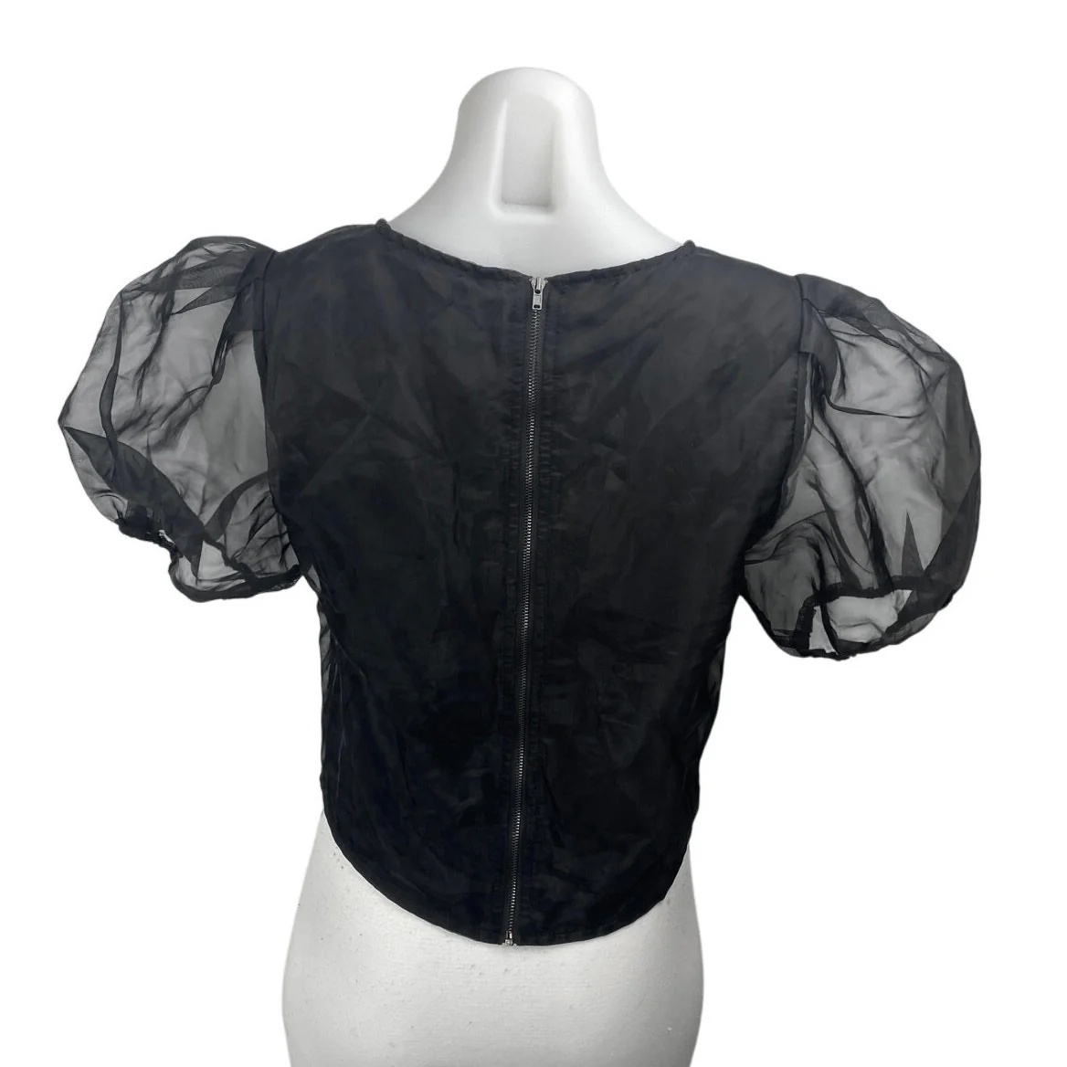 Etophe Studios Women's Black Short Puff Balloon Sleeve Mesh Blouse Top Size M - Image 2