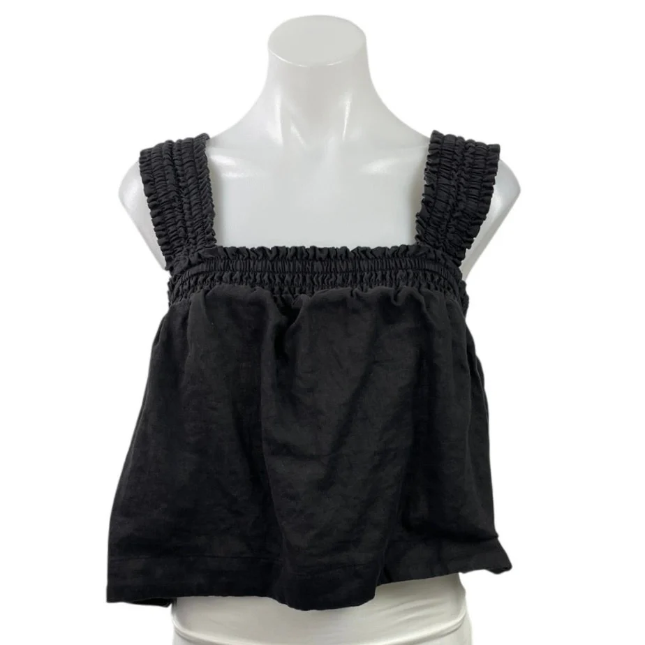 Everlane Women's Black Smocked Square Neck Boxy Sleeveless Tank Crop Top Size M
