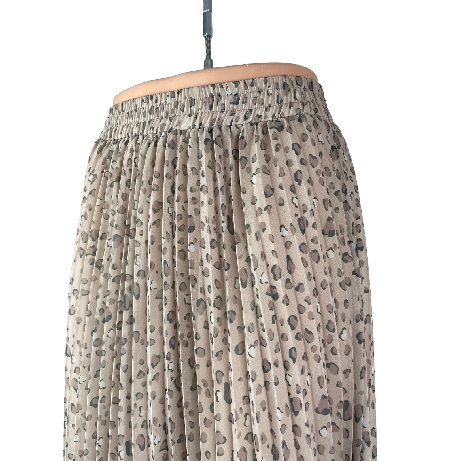 Exlura Beige Leopard Animal Print Pleated High Waist A Line Midi Skirt Size S - Image 3