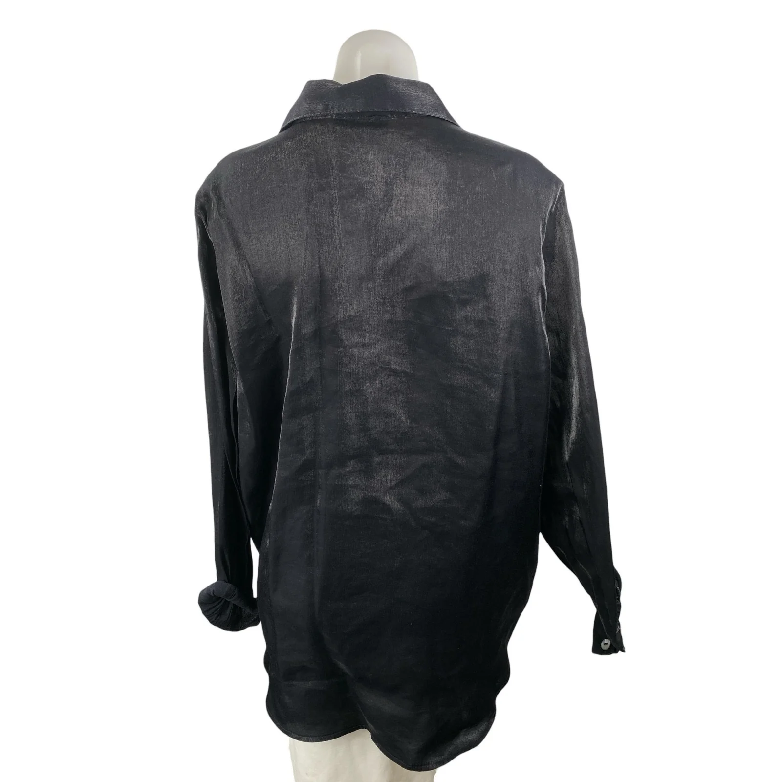 Expose Women's Black Acid Wash Satin Long Sleeve Button Down Shirt Top Size M - Image 2