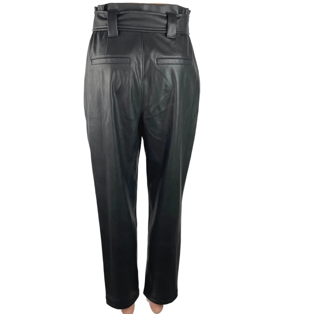 Express Black Faux Leather High Rise Paperbag Tie Belt Tapered Ankle Pants Sz 4 - Image 3