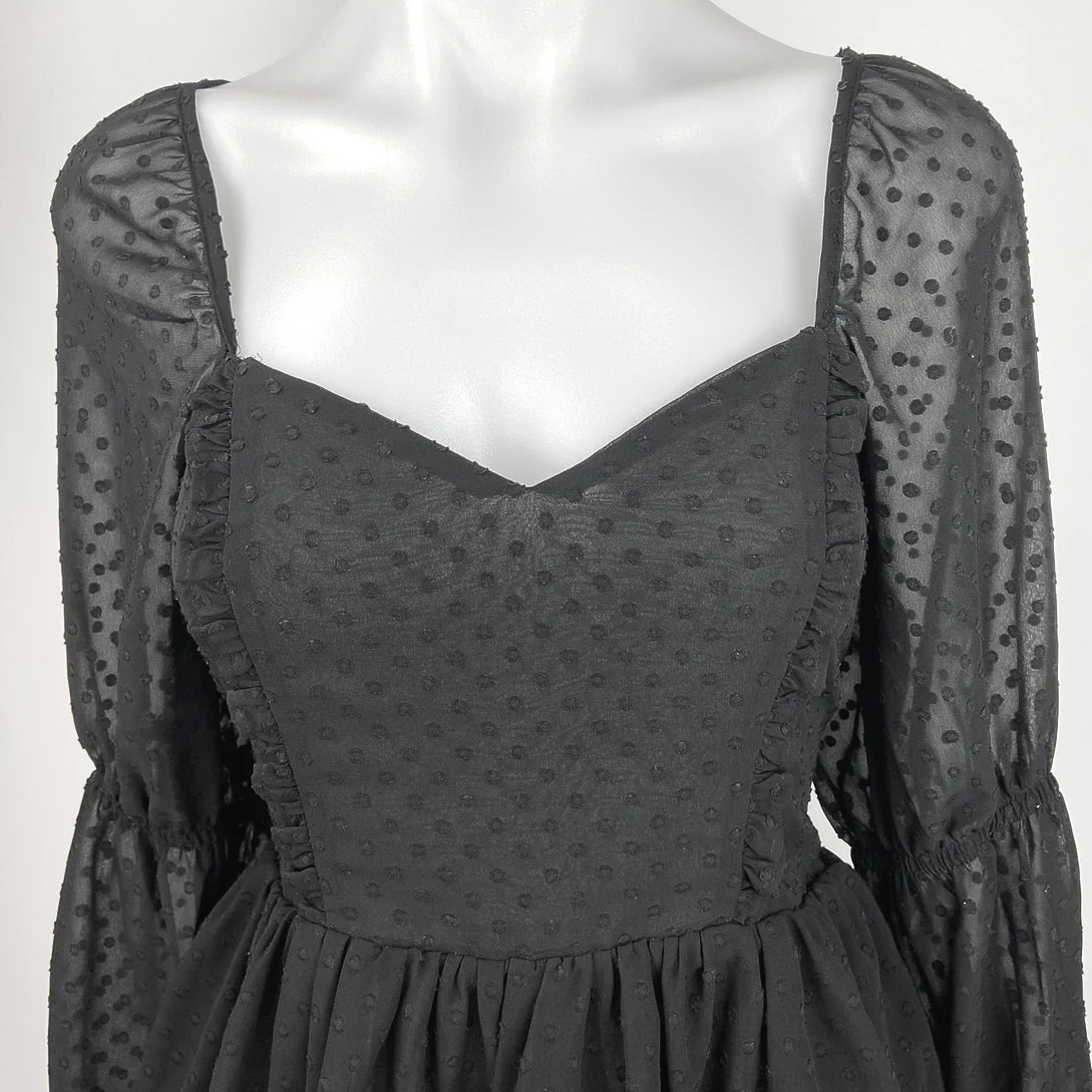 Express Black Sweetheart Swiss Dot Long Sleeve Smocked Peplum Blouse Top Size S - Image 3