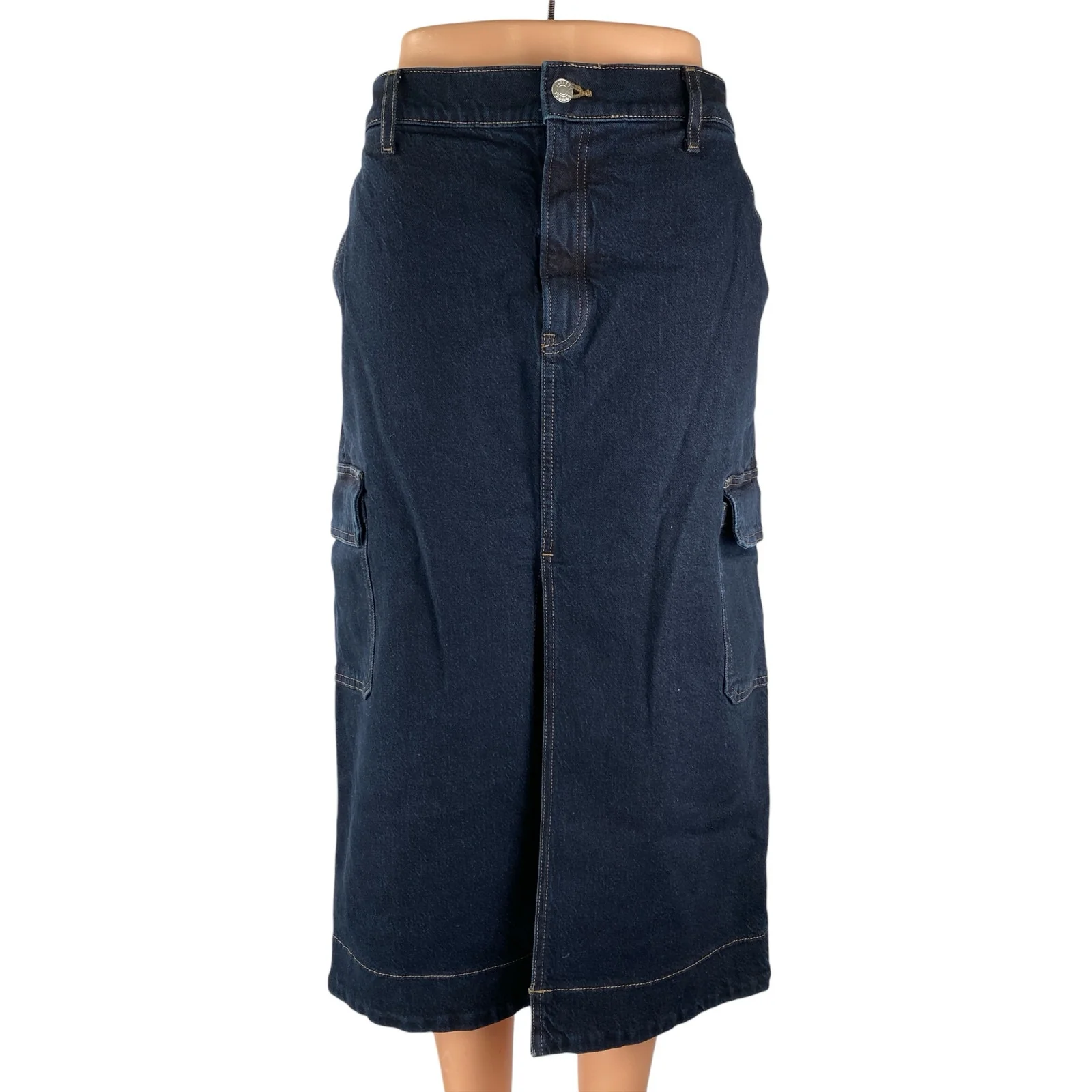 Express Blue High Waisted Front Slit Midi Cargo A-line Denim Jeans Skirt Size 12