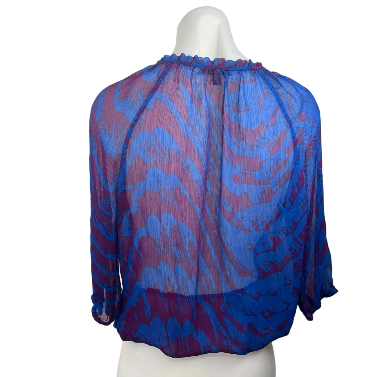 Express Blue Purple Zebra Print Pleated Ruffle Neck Sheer Pop Over Blouse Top M - Image 2
