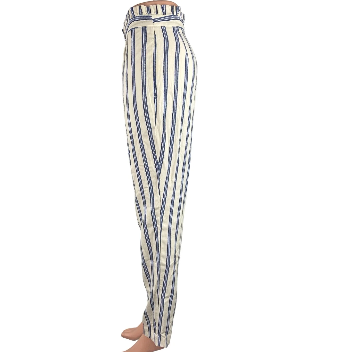 Express Blue White Stripe Ruffle High Rise Straight Leg Paperbag Trouser Pants 2 - Image 2