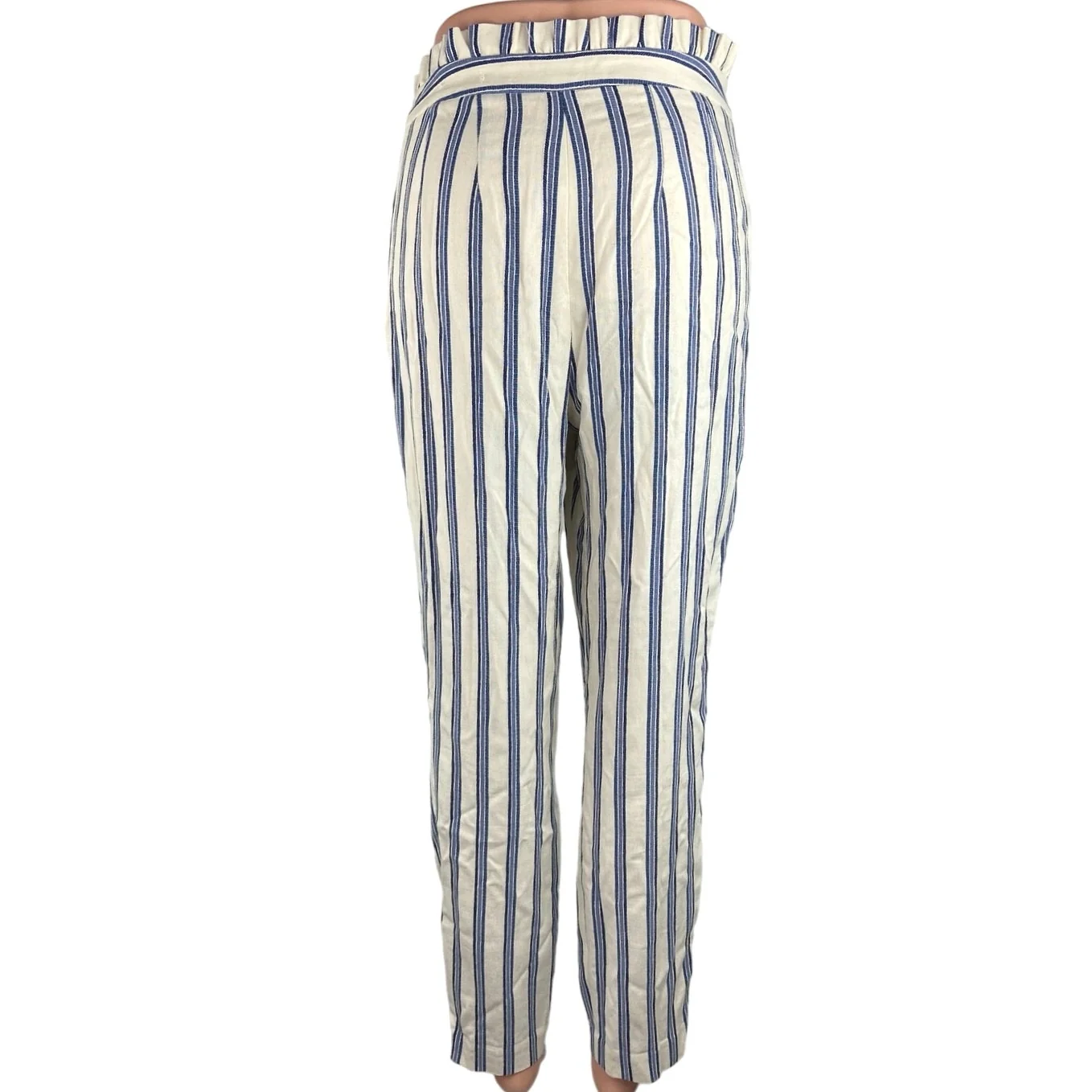 Express Blue White Stripe Ruffle High Rise Straight Leg Paperbag Trouser Pants 2 - Image 3