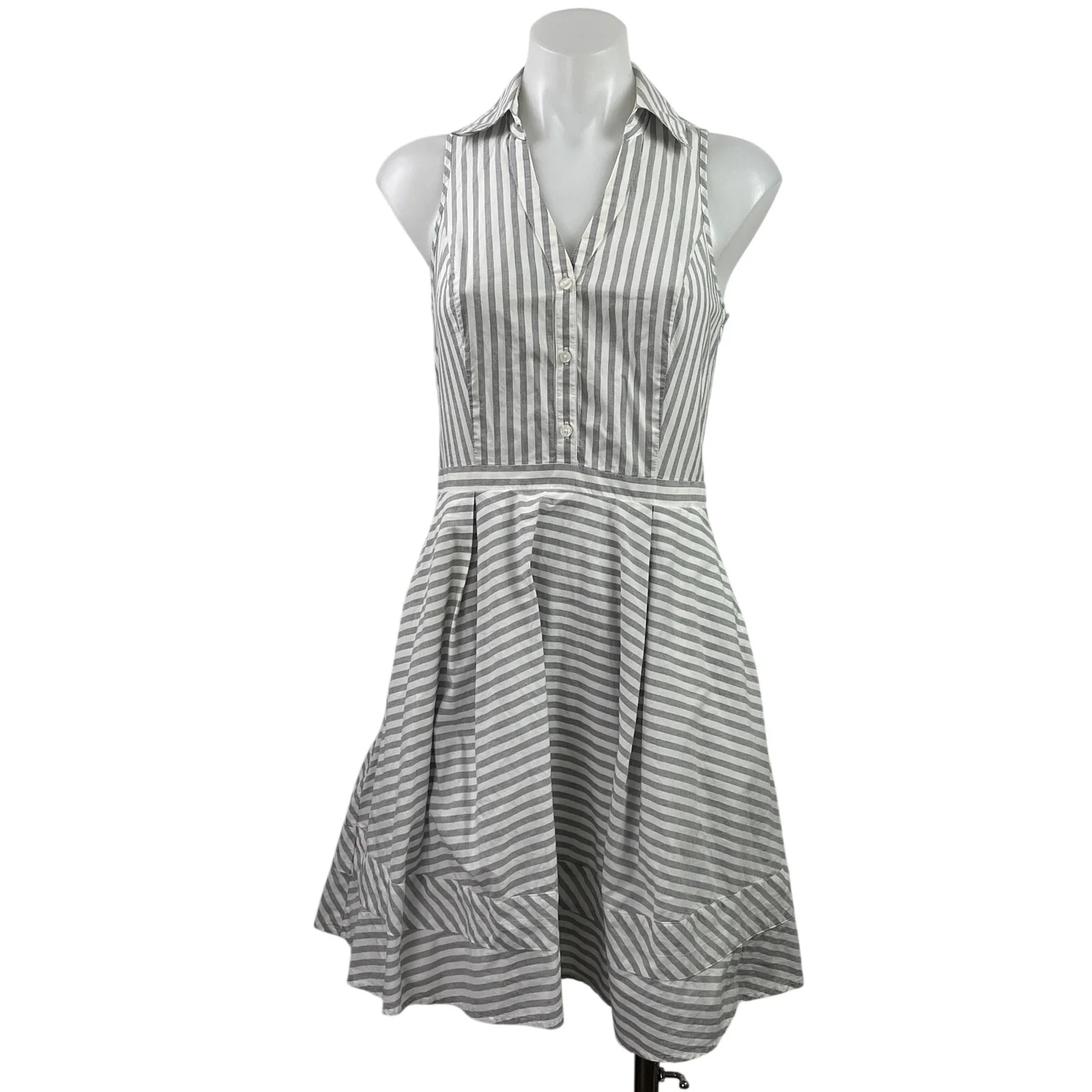 Express Gray White Striped Sleeveless Collared Mini Fit & Flare Shirt Dress Sz S