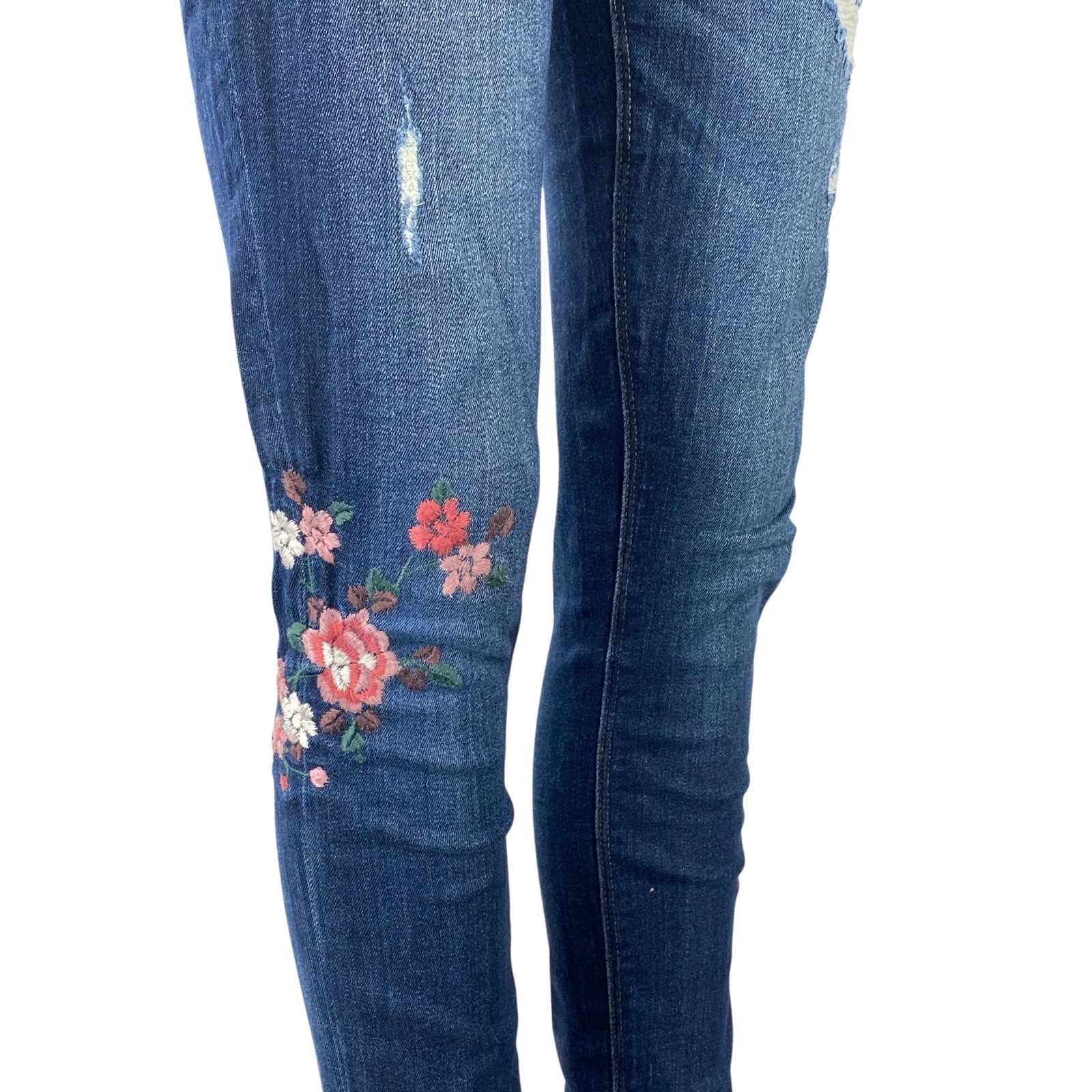 Express Stretch Blue Floral Embroidery Distressed Mid Rise Denim Jeans Pants 2 - Image 3