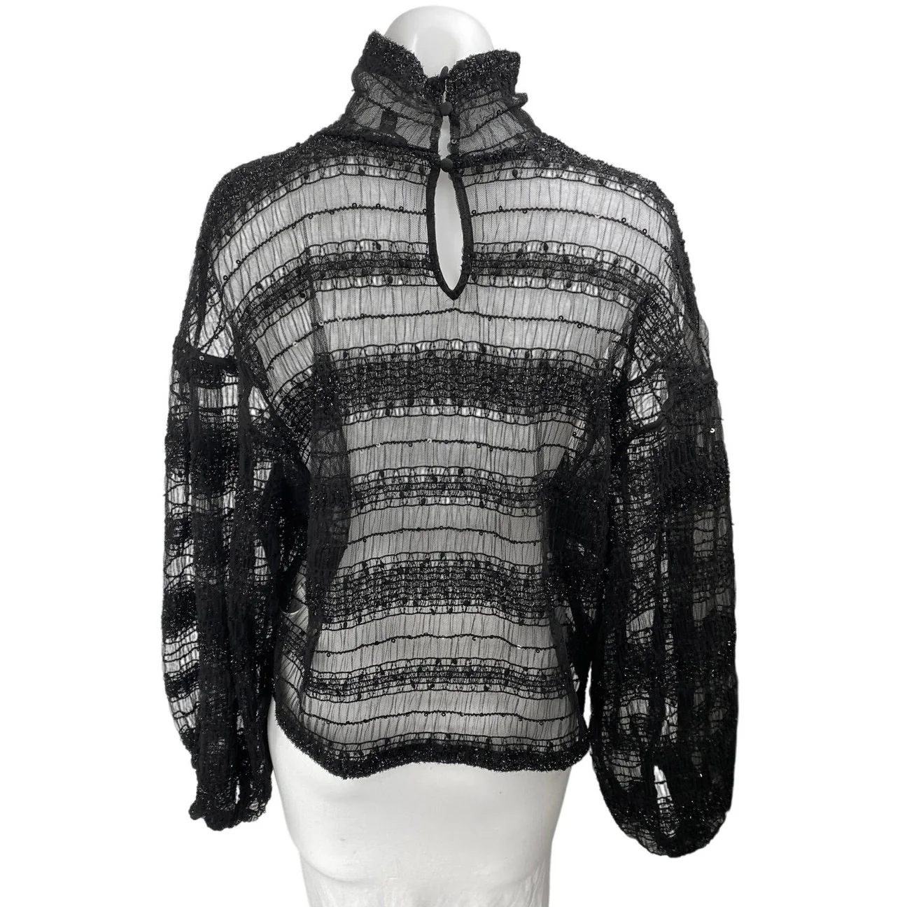 Express Women's Black Metallic Lace Long Sleeve Turtleneck Sheer Blouse Top Sz M - Image 2