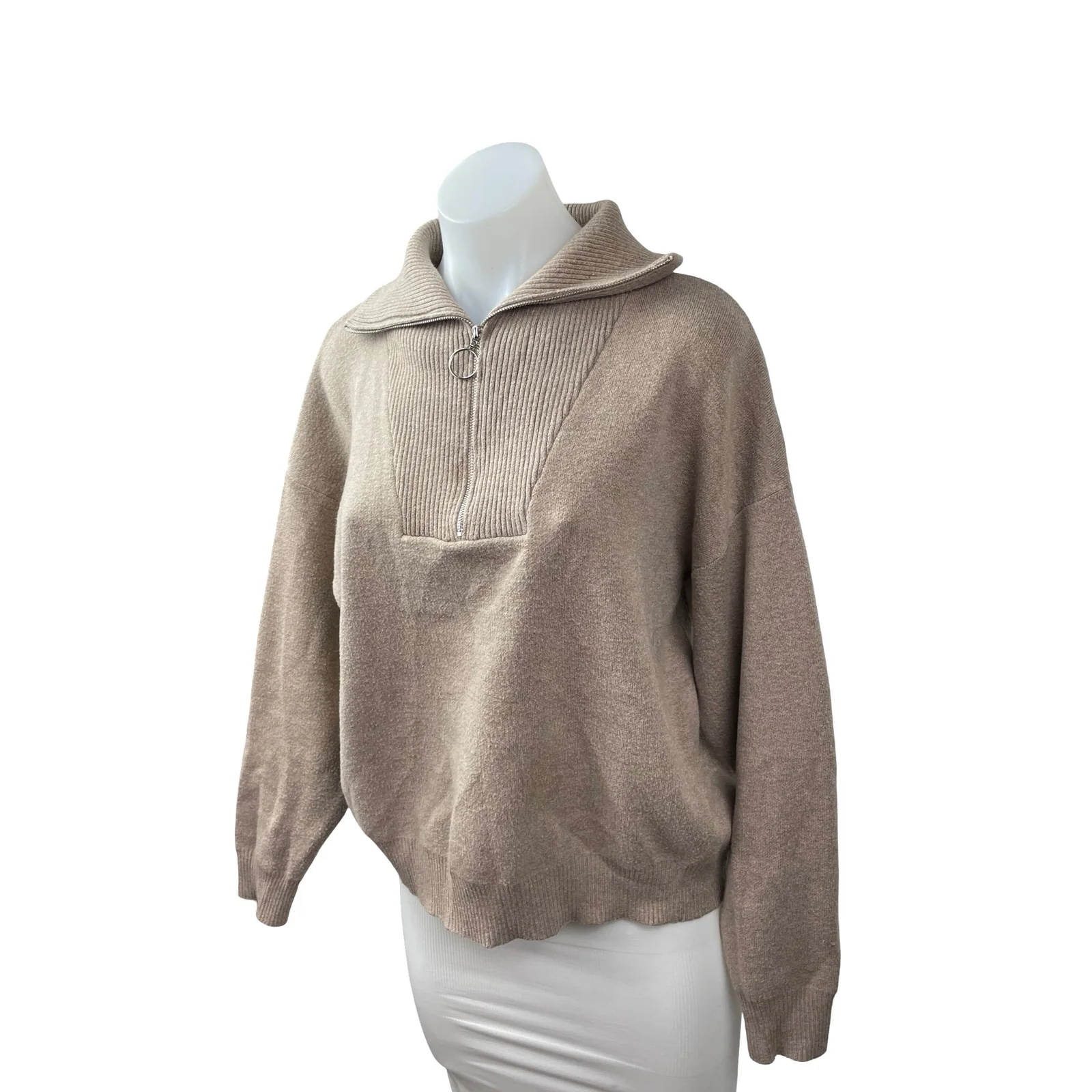 Exquiss's Women's Beige Collared Long Sleeve Half Zip Sweater Sweatshirt Top OS - Image 2