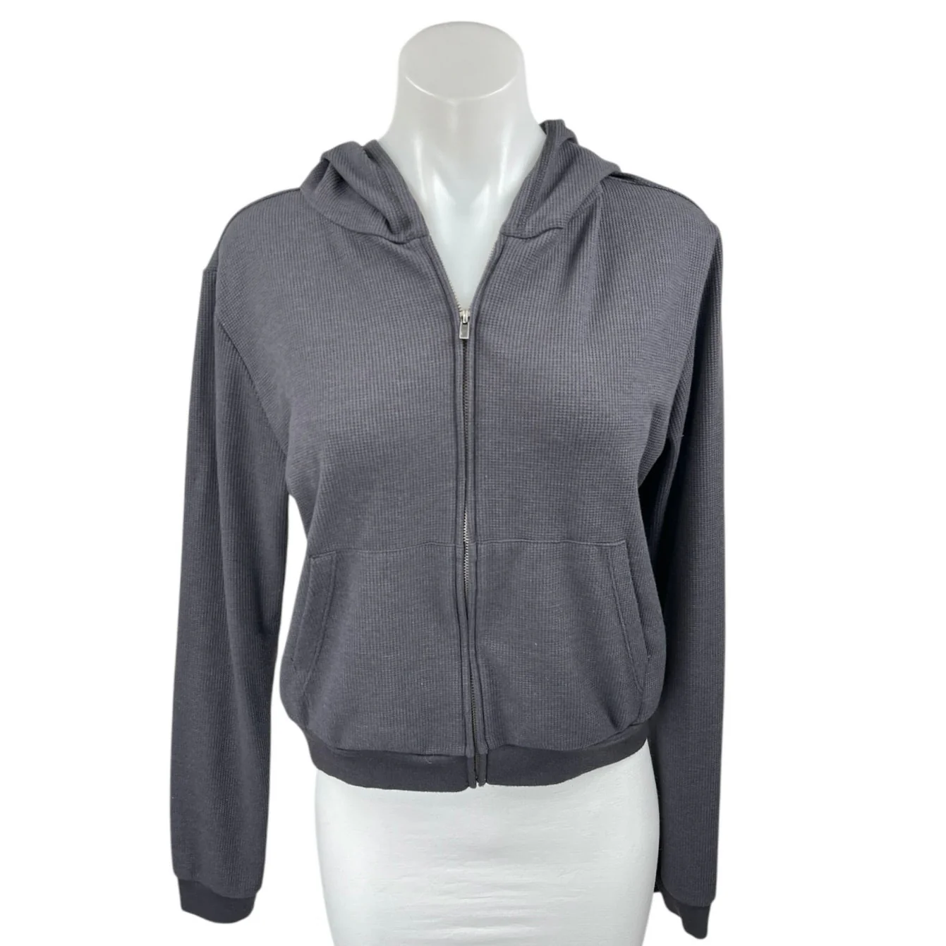Fabletics Women's Gray Waffle Knit Long Sleeve Hoodie Hooded Sweatshirt Top M