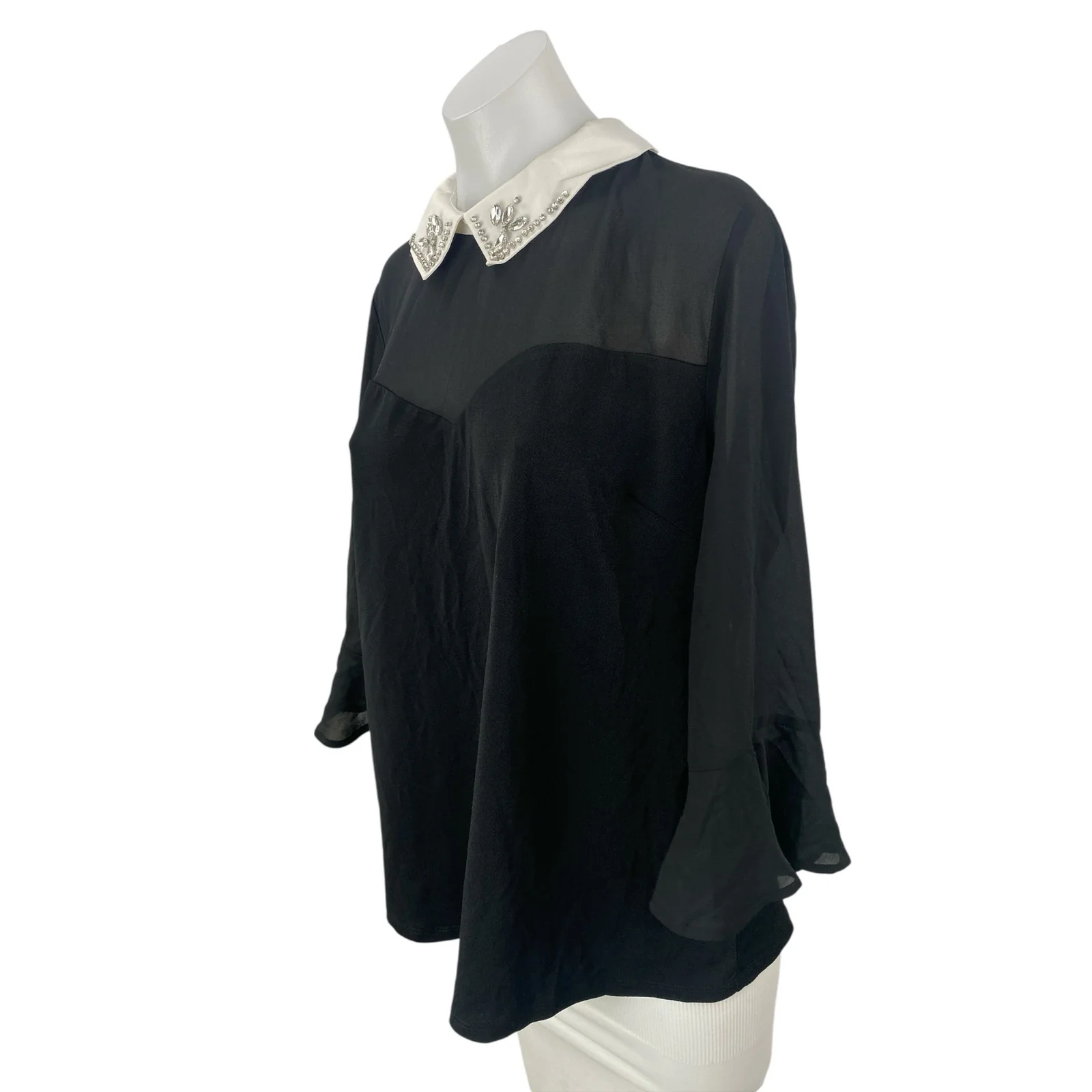 Faith and Joy Women's Black Mesh Long Sleeve Collared Layered Blouse Top Size L - Image 3
