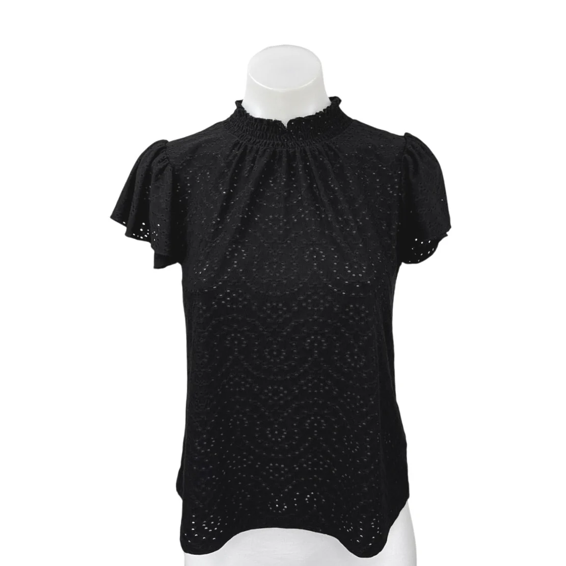Faith & Zoe Black Eyelet Embroidered Mock Neck Short Sleeve Blouse Top Size XS