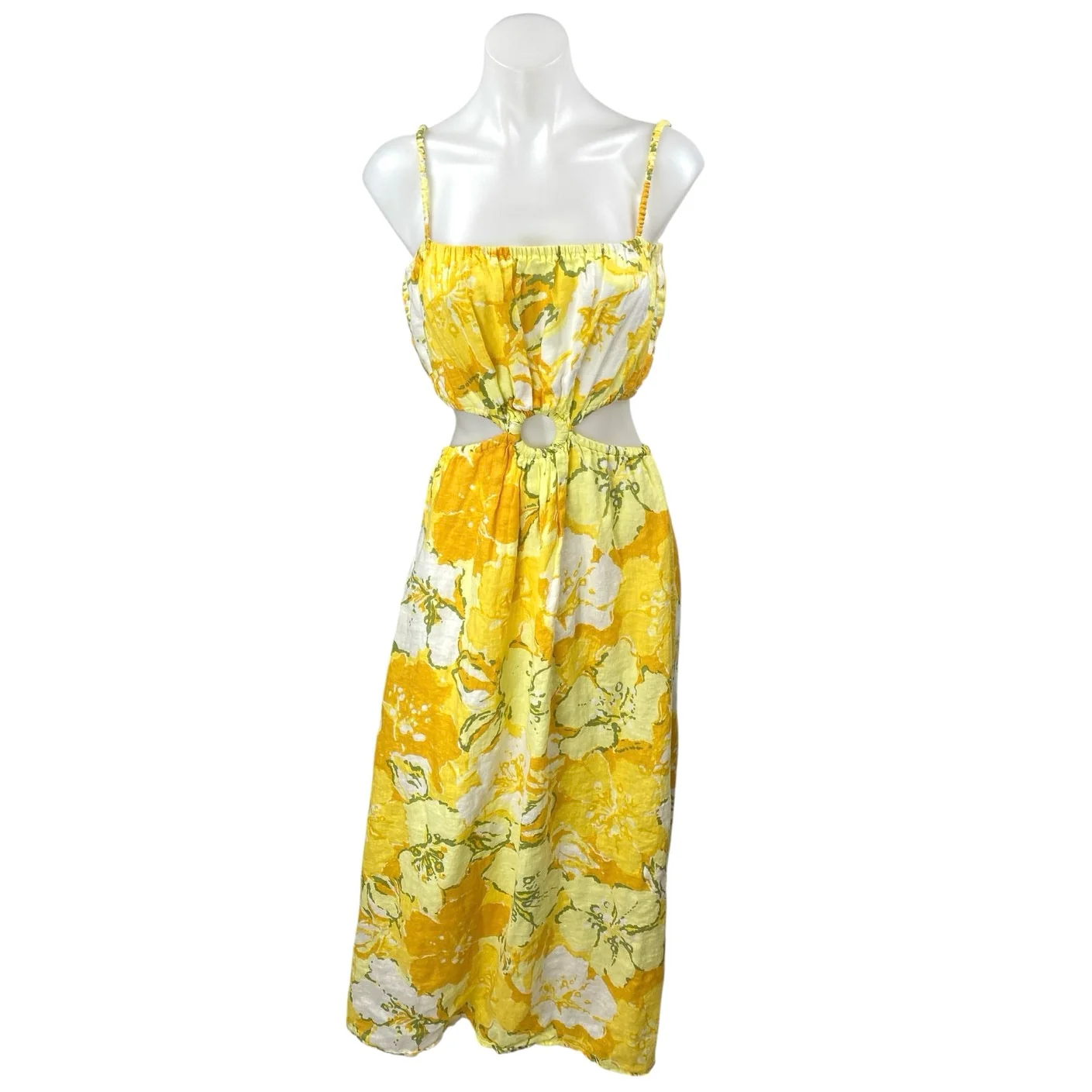 Faithfull The Brand El Rio 100% Linen Yellow Floral Cutout A Line Maxi Dress 6