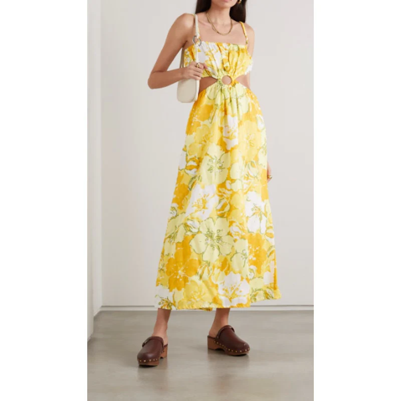 Faithfull The Brand El Rio 100% Linen Yellow Floral Cutout A Line Maxi Dress 6 - Image 3