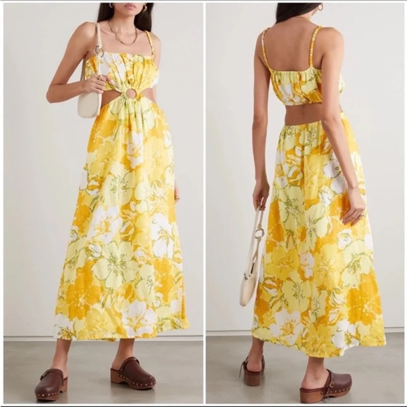 Faithfull The Brand El Rio 100% Linen Yellow Floral Cutout A Line Maxi Dress 6 - Image 4