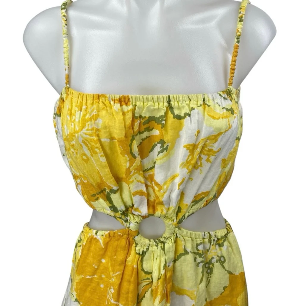 Faithfull The Brand El Rio 100% Linen Yellow Floral Cutout A Line Maxi Dress 6 - Image 5