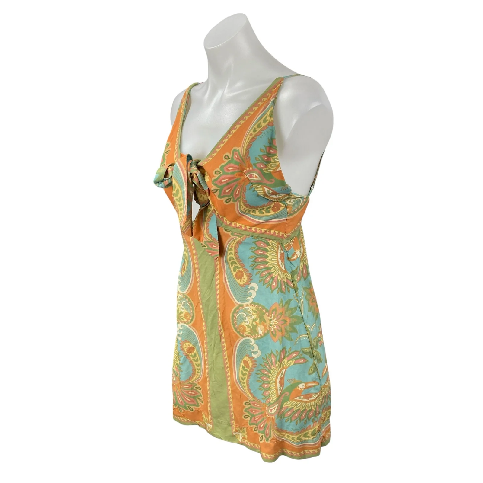 Farm Rio Coral Green Floral Paisley Tie Sleeveless Cami Backless Mini Dress M - Image 2