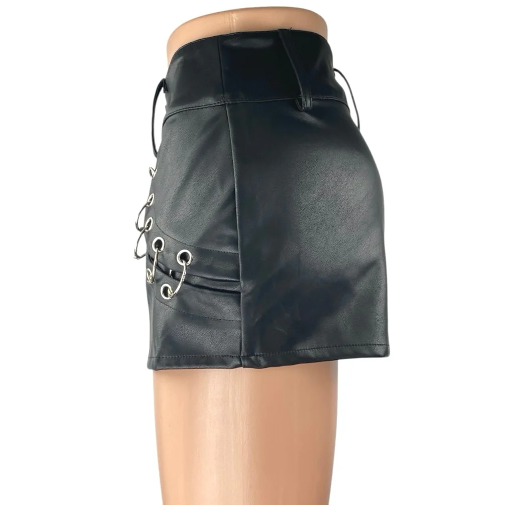 Fashion Nova Black Faux Vegan Leather Studded Ring Mini High Waist Shorts Size S - Image 2