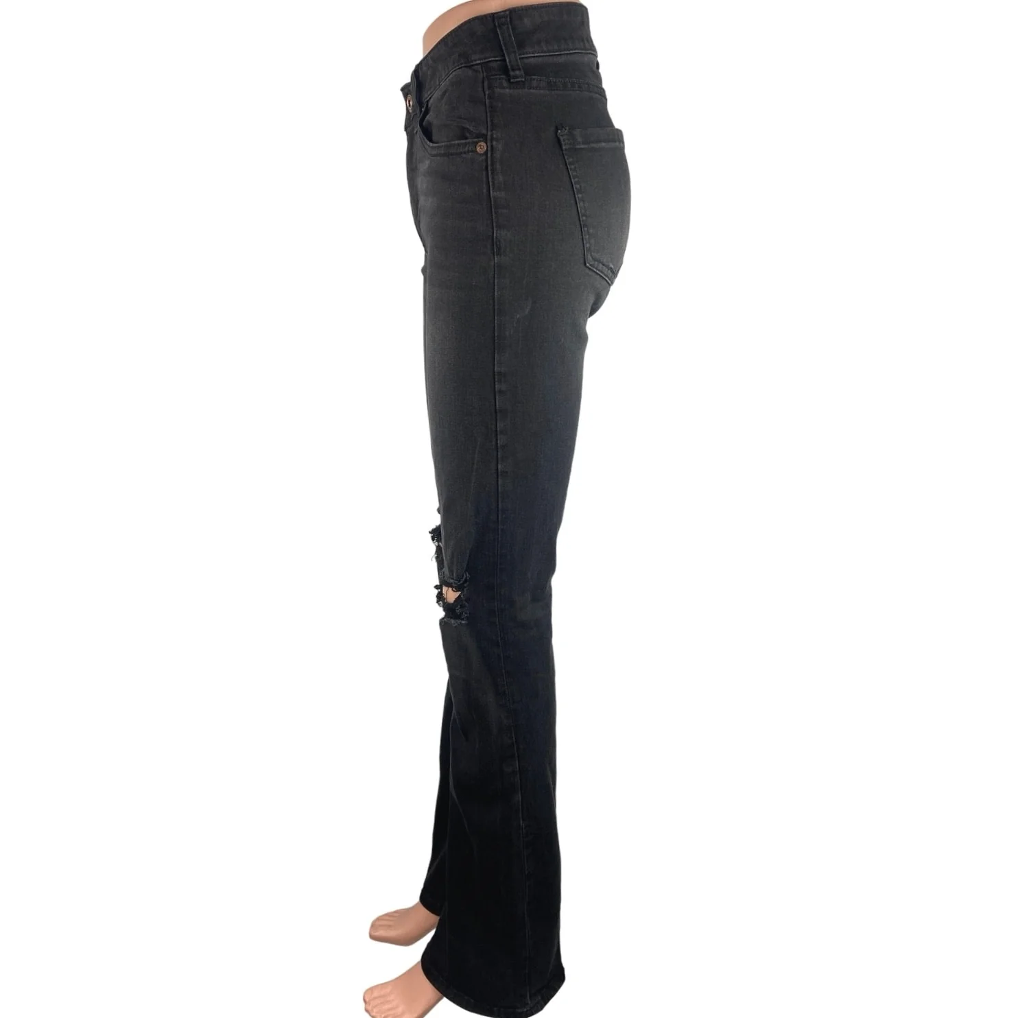 Fashion Nova Black Washed Mid Rise Distressed Denim Flare Jeans Size 27 - Image 2