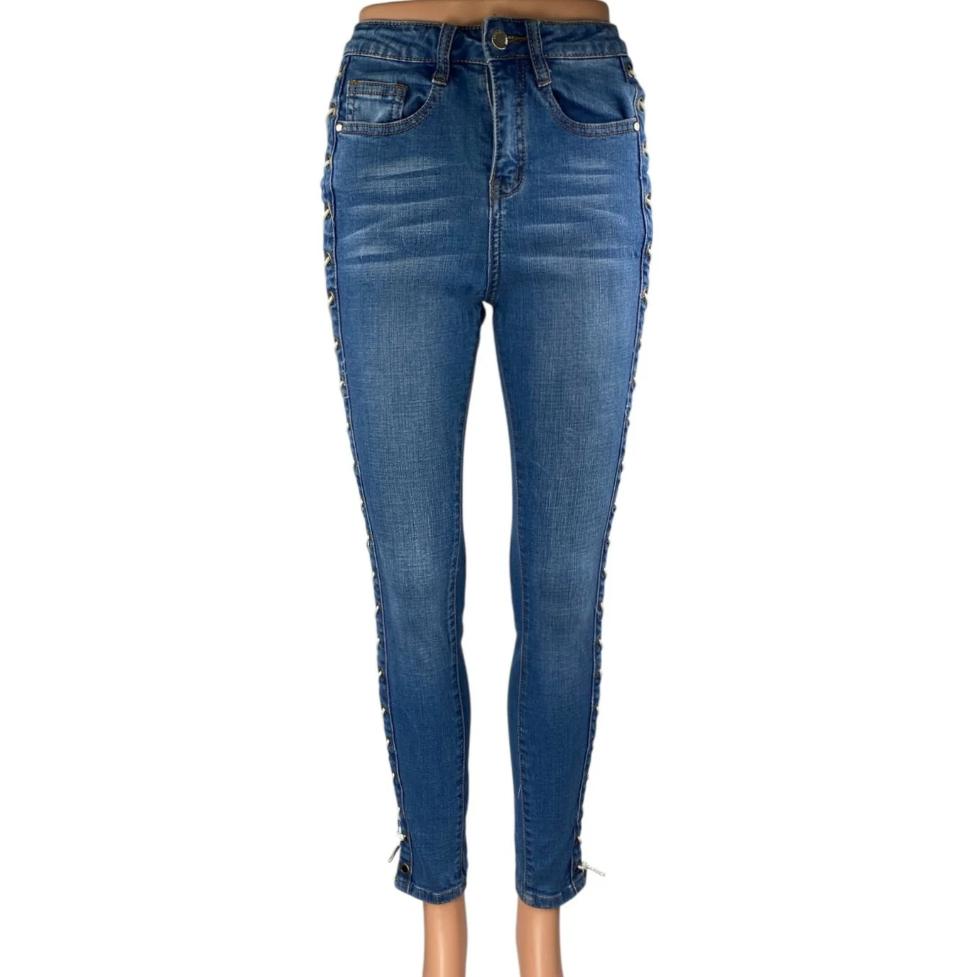 Fashion Nova Blue Side Lace Up Criss Cross High Waisted Skinny Jeans Size 26