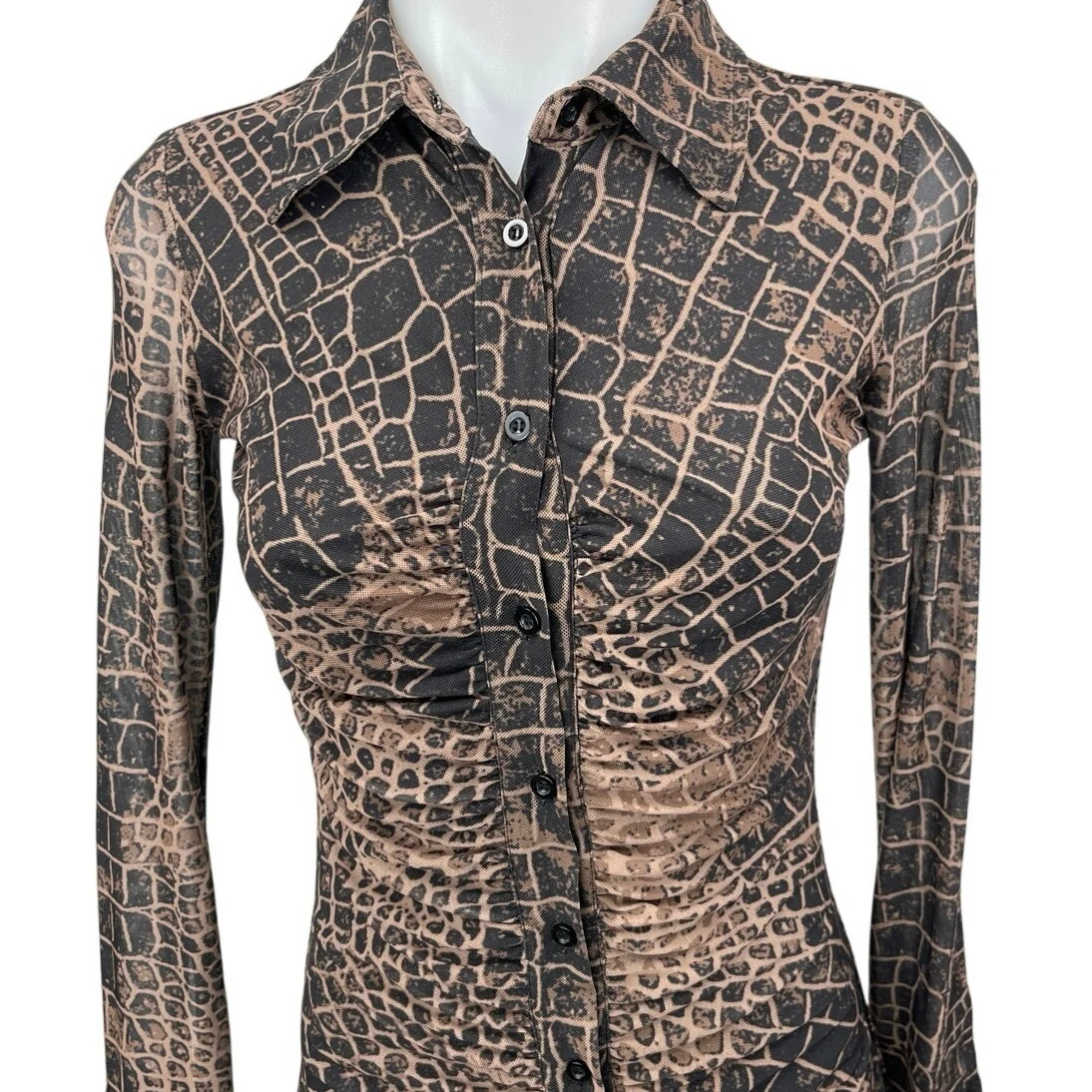 Fashion Nova Brown Black Snakeskin Long Sleeve Button Down Shirt Mini Dress S - Image 3